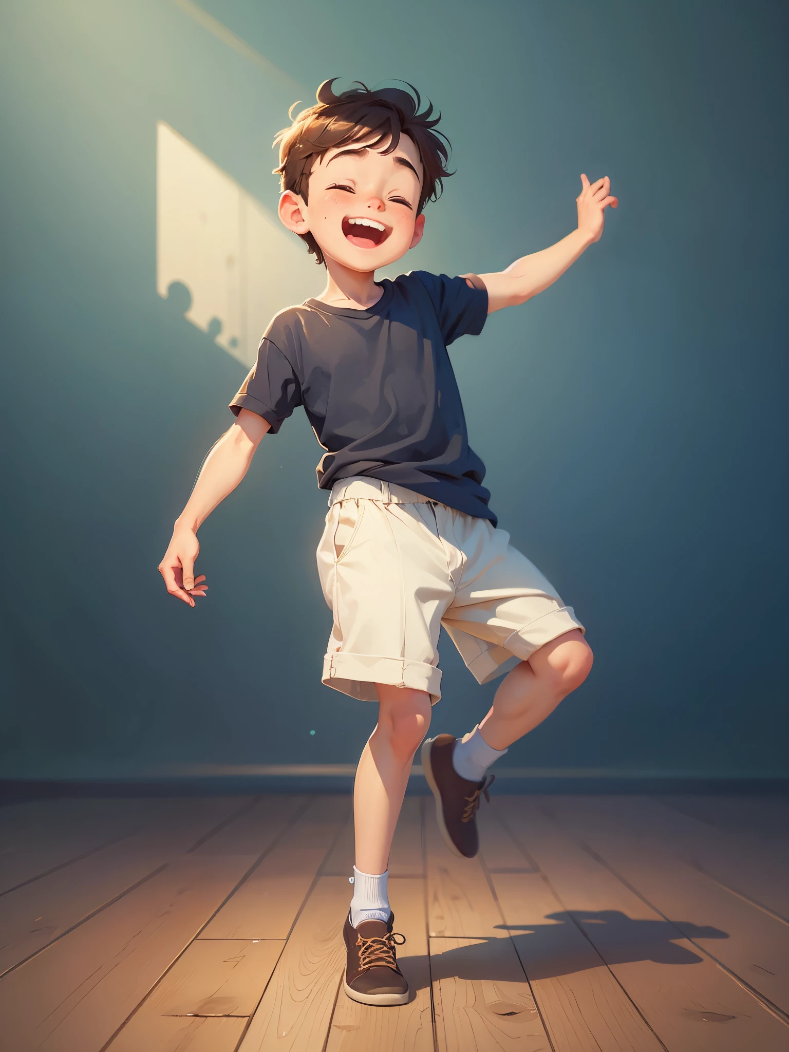 masterpiece, best quality,Illustration of a cute boy dancing happily,Pixar style, stills,simple background,perfect details,