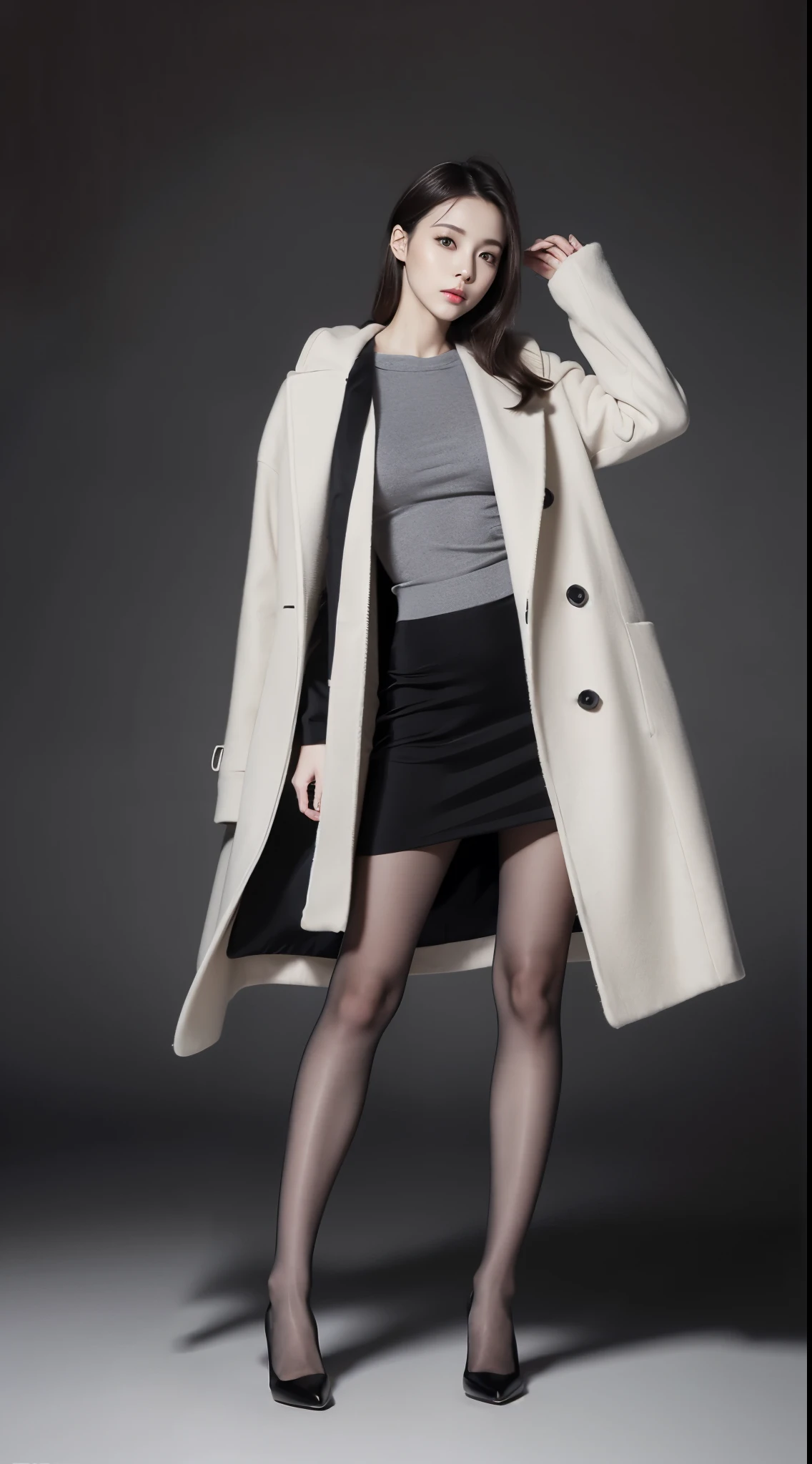 Ultra HD resolution,top quality,clear eyes,without make-up,lip gloss,is a perfect face,White skin,perfect ,Slender legs,coat,grey pantyhose,black background
