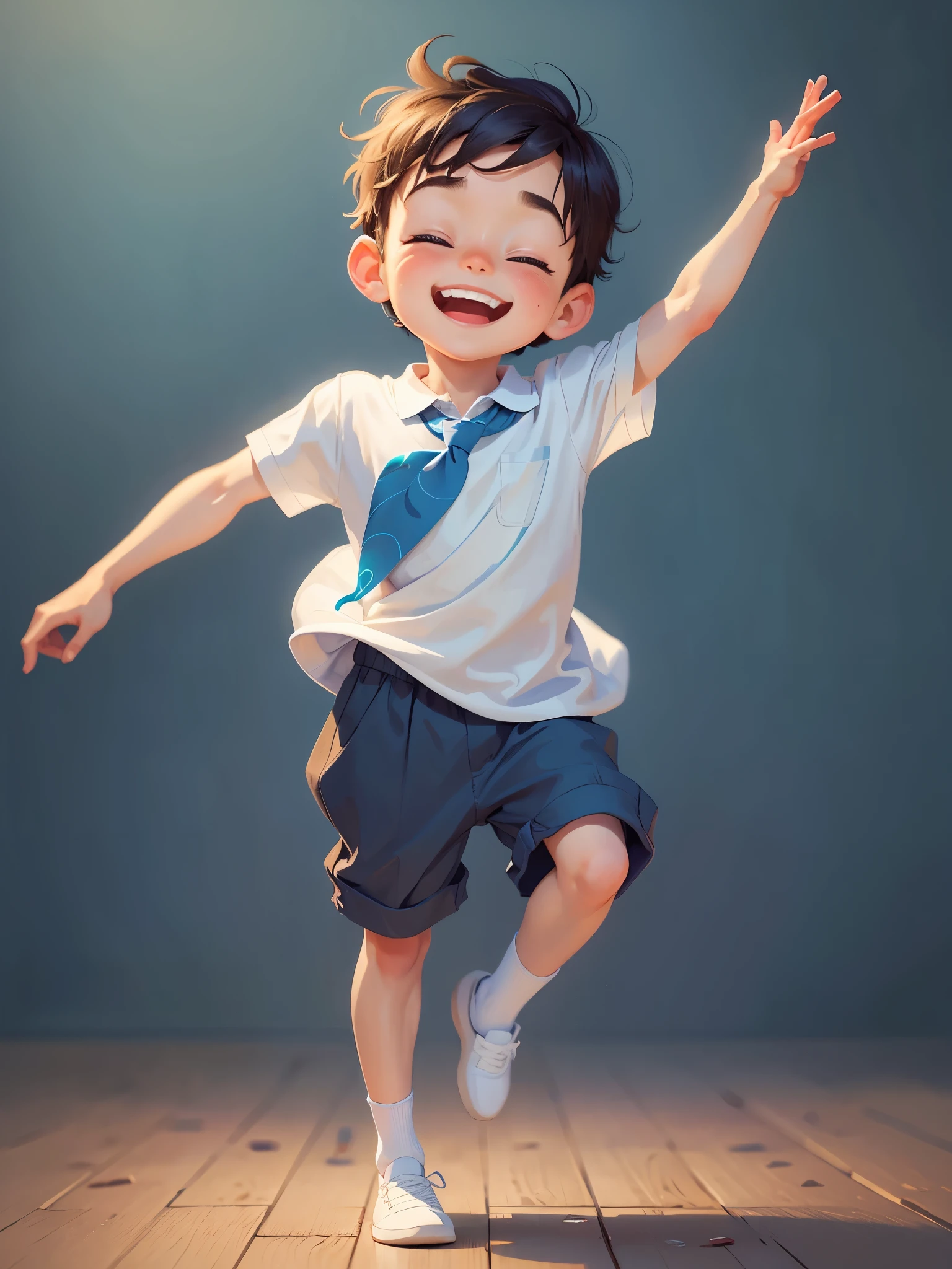 masterpiece, best quality,Illustration of a cute boy dancing happily,Pixar style, stills,simple background,perfect details,