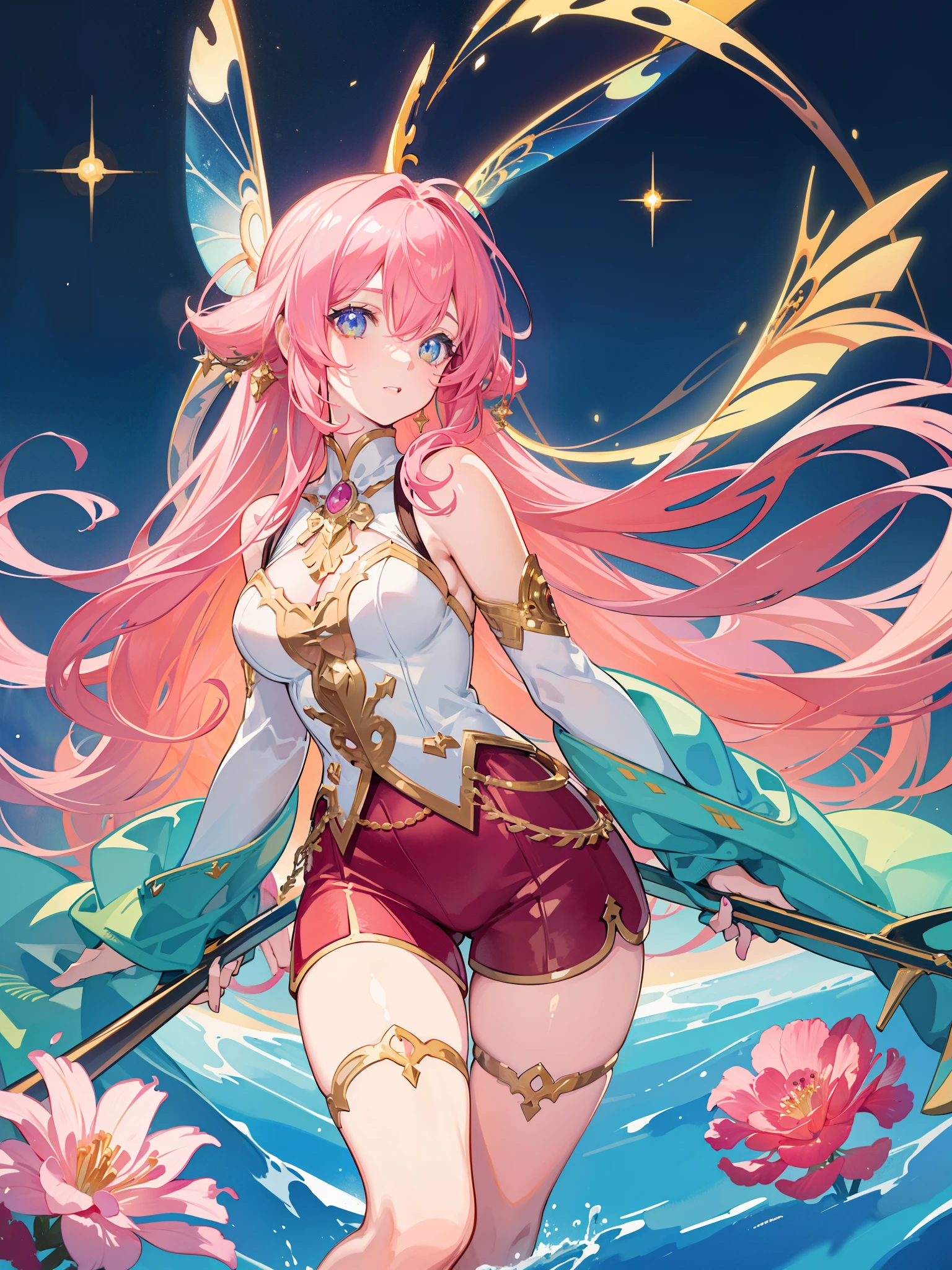 masterpiece, best quality, sharp focus, 8k, intricately detailed environment, anime, watercolor illustration, colorful, bright colors, whimsical, glowing lights, fairy lights, beautiful girl in glowing shorts, perfect face, golden ratio, sparkling eyes, watercolor, liquid light