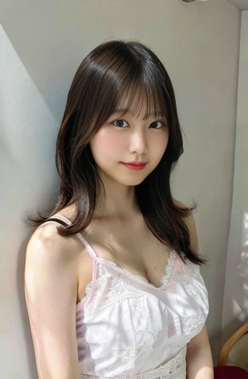 japanese model,selfie, Young sensual,young and cute, realistic,real sensuality,Sophisticated, beautiful asian girl, white wall background in the room,selfie,C cup,cleavage,light pink lace camisole,with a single-lens reflex camera