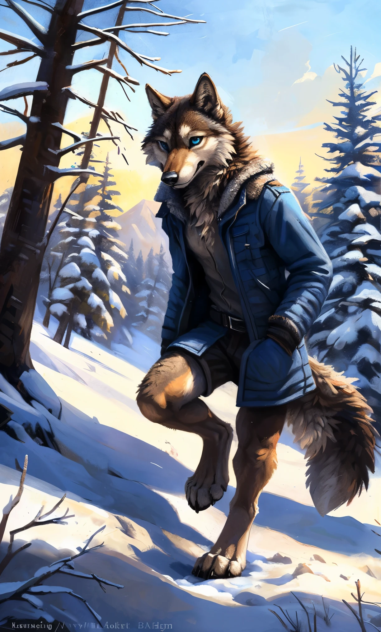 ((Solo)), male people, anthro wolf, (Multi-colored fur, White-brown:1.3，White tail pointed), (Height 2.1m,Tail length 1.2m), ((Wolf face, Big eyes, White eyelids, Blue pupil, Slim:1.2) (Tough, Calm expression:1.2)), Slim, pinging)), (Correct anatomy), (Winter clothing:1.1), The upper body  naked, (detailed outfits),A long big tail，Feet，(Realistic fur, Detailed fur texture, labeled:1.3)), (Natural lighting), Photorealistic, Hyperrealistic, ultradetailed, by Kenket，Snowfield，erect through，Running on