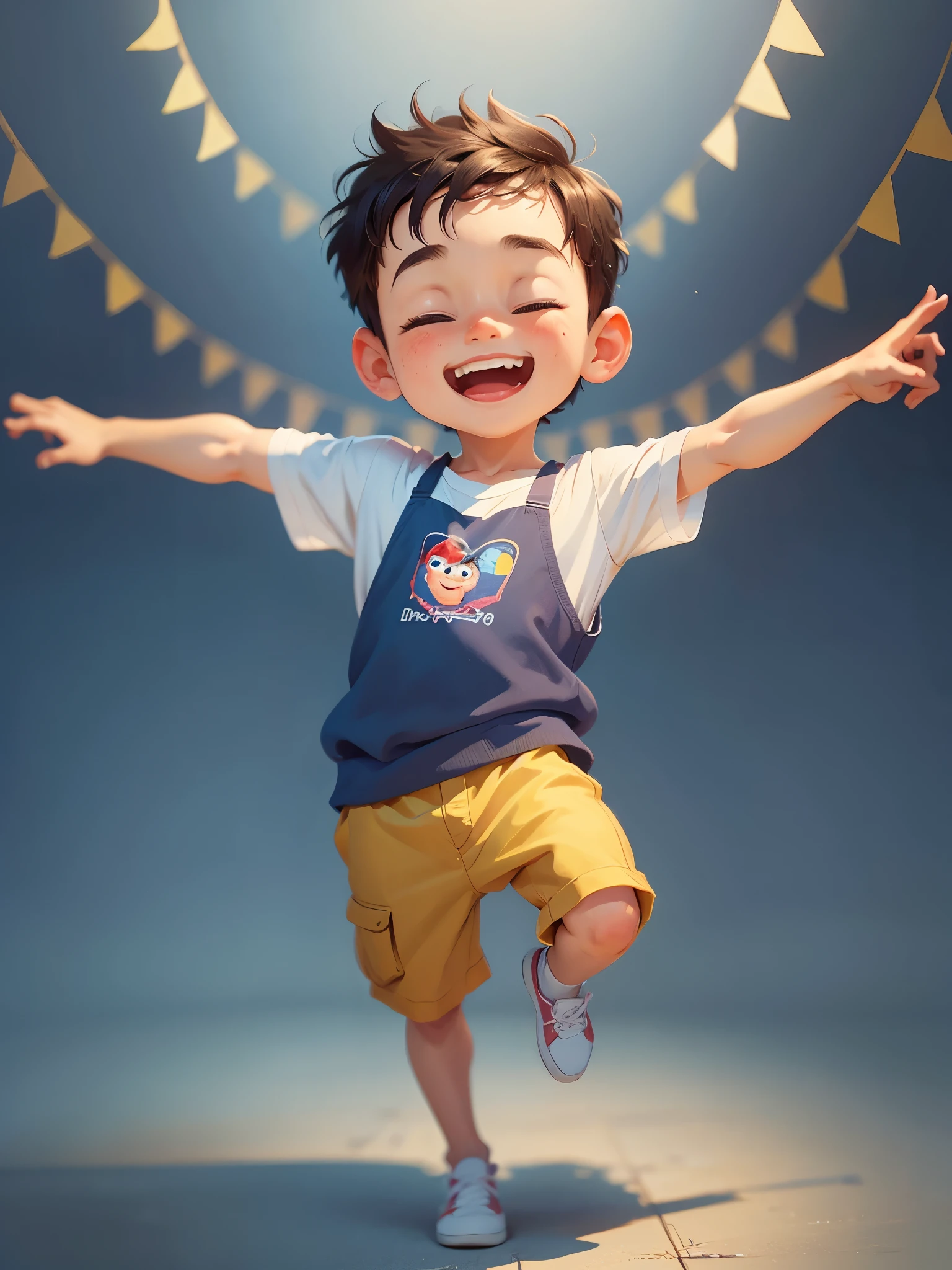 A scene suitables for wonderful and amazing cover of a children's book or children's magazine, A cute little boy from England, Full body, smiling, playing, balloons, Incredibly detailed, High quality skin texture, Incredibly light and shadow, realistic cartoon, Disney style, Ultra HD --auto --s2