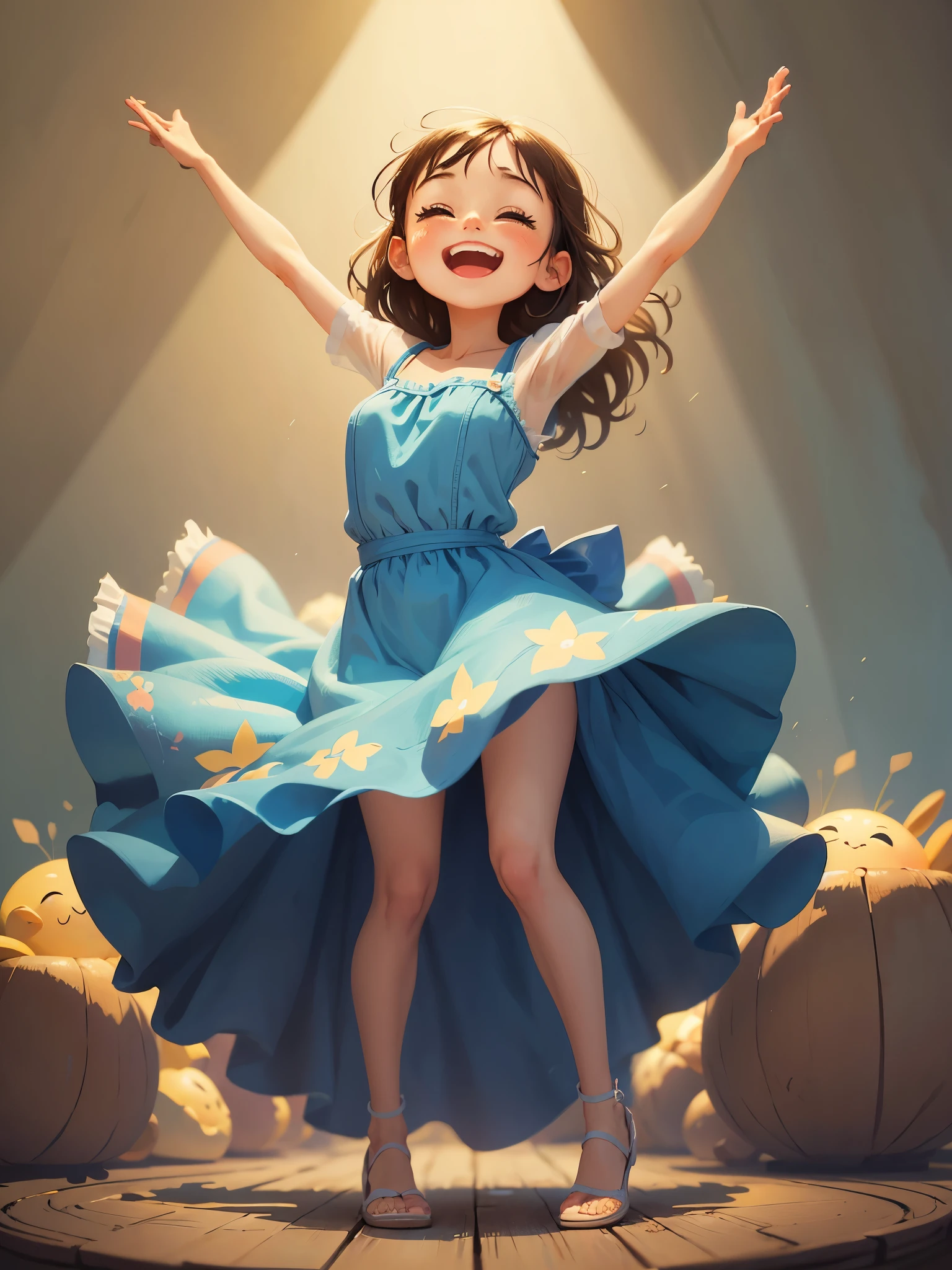 masterpiece, best quality，Illustration of a cute girl dancing happily，Pixar style, stills，simple background，Wearing a beautiful long dress，perfect details，