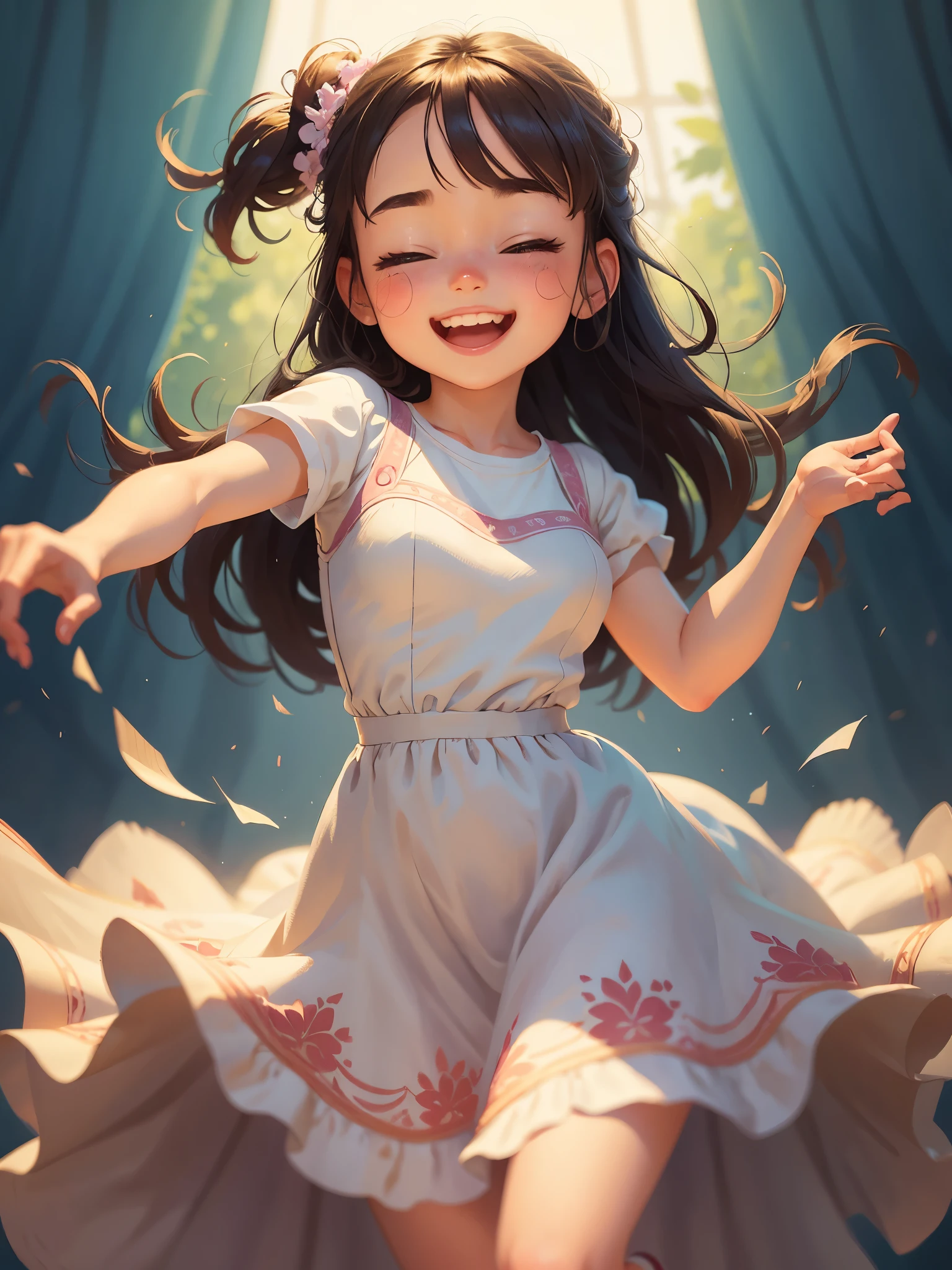 masterpiece, best quality,Illustration of a cute girl dancing happily,Pixar style, stills,simple background,Wearing a beautiful long dress,perfect details,