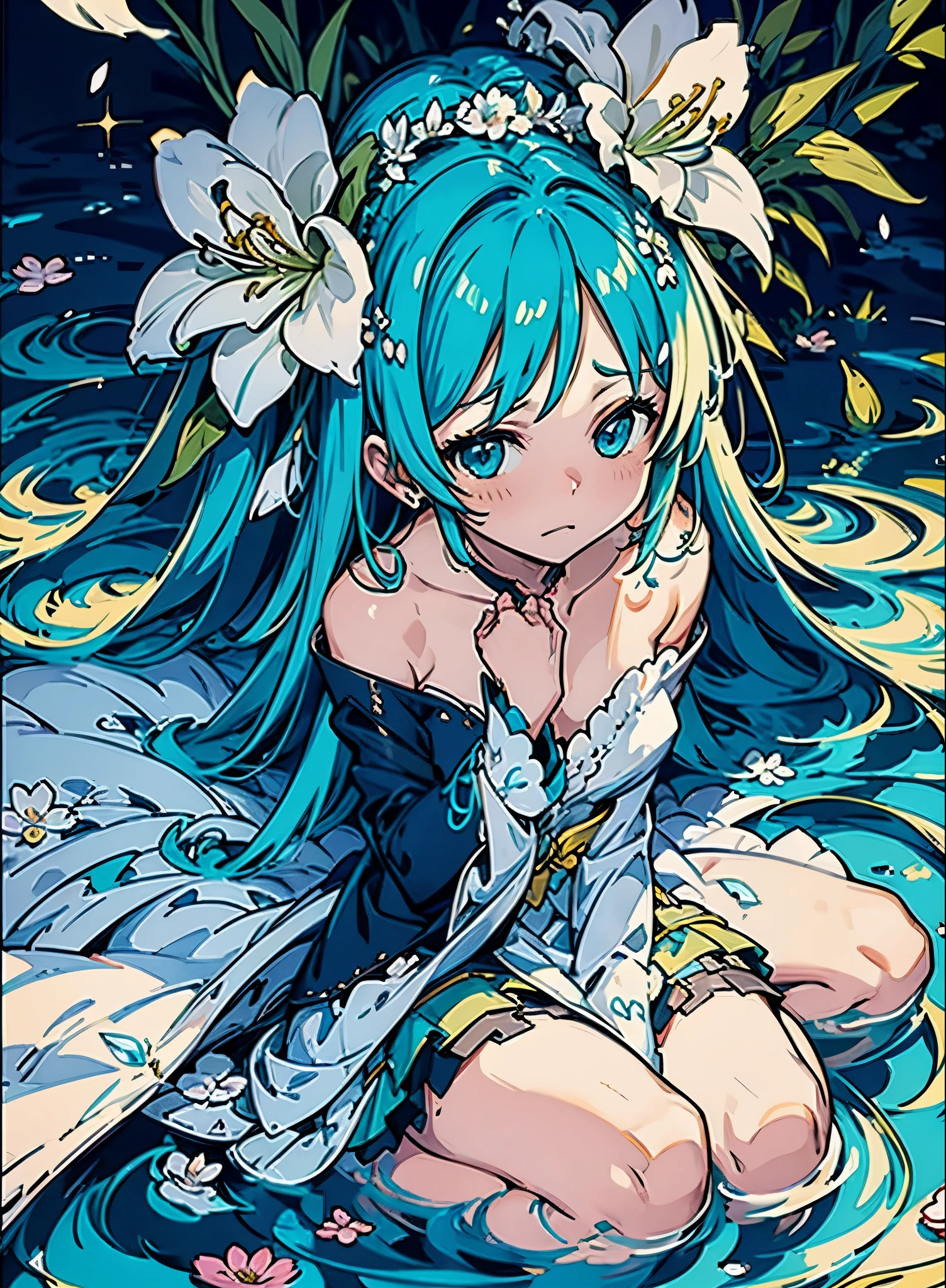 hatsune miku blue hair , Kagamine Rin yellow hair , White Wedding Dresses, long hair, flower hairpin, wedding bouquet wrapped in white paper, hand caressed hair, The effect of falling white petals, lily, big,