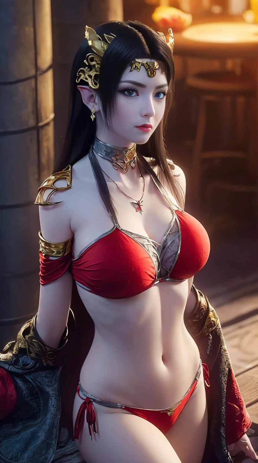 one very beautiful bride, ((Wearing a red bikini:1.6)), (((see-through sheer bikini:1.6))), ((long black hair:1.6)), elaborate jewelry made from stones Noble and beautiful hair, ((Wearing a 24K gold lace necklace:1.4))), ((a thin red silk scarf covering half of her face:1.5)), Noble, Noble style of an extremely beautiful girl beautiful, Super cute little face, Her face is very beautiful, thin eyebrows, perfect beautiful face, ((black eye pupil: 0.8)), very beautiful eyes, ((blue eyes platinum: 1.6)), (((big round eyes: 1.6))), Beautiful makeup and hairstyle details eyelashes, wet eye makeup, high nose, earrings, red lips, ((closed mouth: 1.5)) beautiful lips, slim hands, The most beautiful thighs, ((arms spread wide to the sides: 1.5)), Rosy face, pretty face, perfect beautiful face, smooth white skin, (Chest big: 1.5)), ((high breasts: 1.6)), firm chest, nice cleavage, (((large, ultra-round breasts: 1.8))), ((super tight chest: 1.7)), beautiful breasts, perfect body, Back sleeve, exposed chest, Black sheer stockings with black lace trim, 8K photo, super high quality, surreal, Super 10x pixels, Optical, bright studio, Bright edges, two-tone lit, ( highly detailed skin:1.2), super 8K, soft light, high quality, volume light, Optical, high Optical resolution, lit, best pictures, 4K quality, 8K, Blur effect[Blur effect, Smooth sharpness, 10 x pixels, ((Sea and moonlight on night background:1.5)), aurora, lightning, surreal graphics, The most realistic graphics, 1 girl, alone , alone, very sharp, Surreal images, (((frontal portrait: 1 )))."