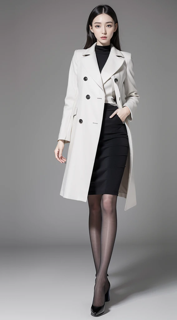 Ultra HD resolution,top quality,clear eyes,without make-up,lip gloss,is a perfect face,White skin,perfect ,Slender legs,black greatcoat,grey pantyhose,White background