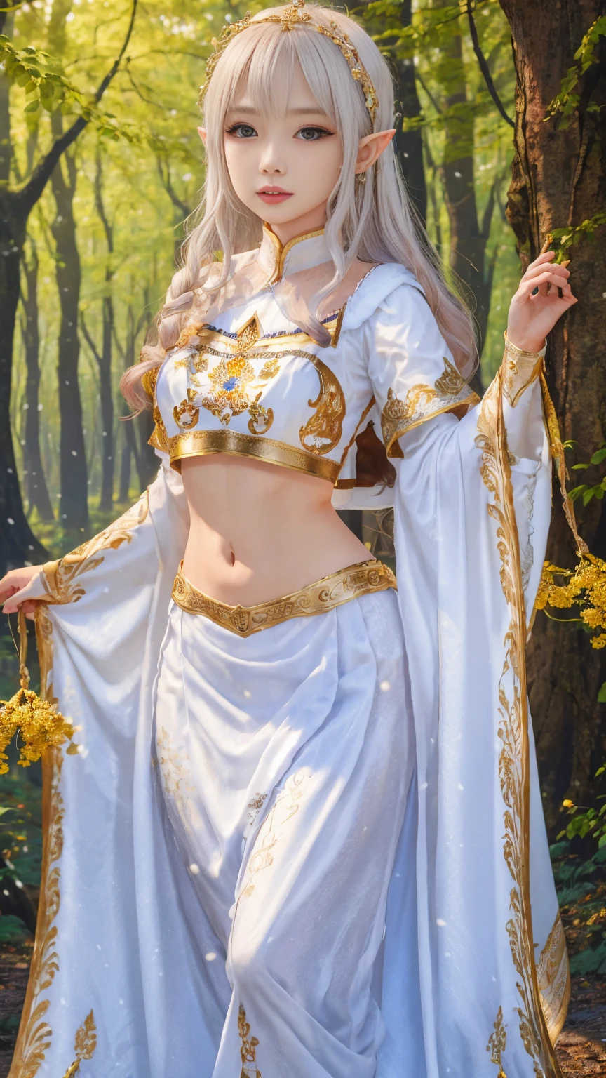 Beautiful white elf princess,Wearing a snow white skirt,embroidered with golden flowers,exposed abdomen,Live-action texture,Delicate picture quality,Ultra HD resolution,The background is a sunny forest。Three-dimensional super texture