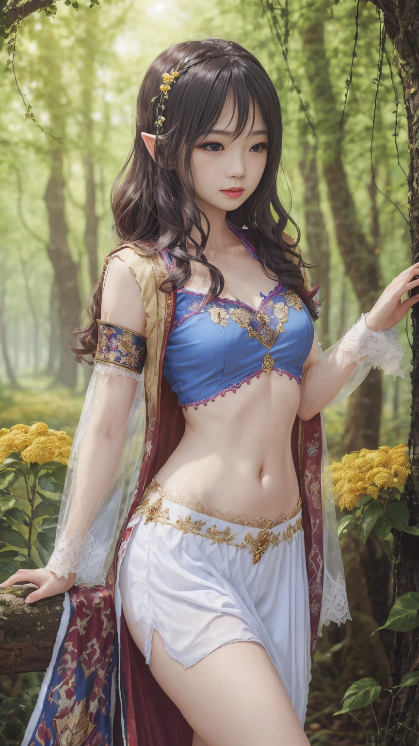 Beautiful white elf princess，Wearing a snow white skirt，embroidered with golden flowers，exposed abdomen，Live-action texture，Delicate picture quality，Ultra HD resolution，The background is a sunny forest。Three-dimensional super texture