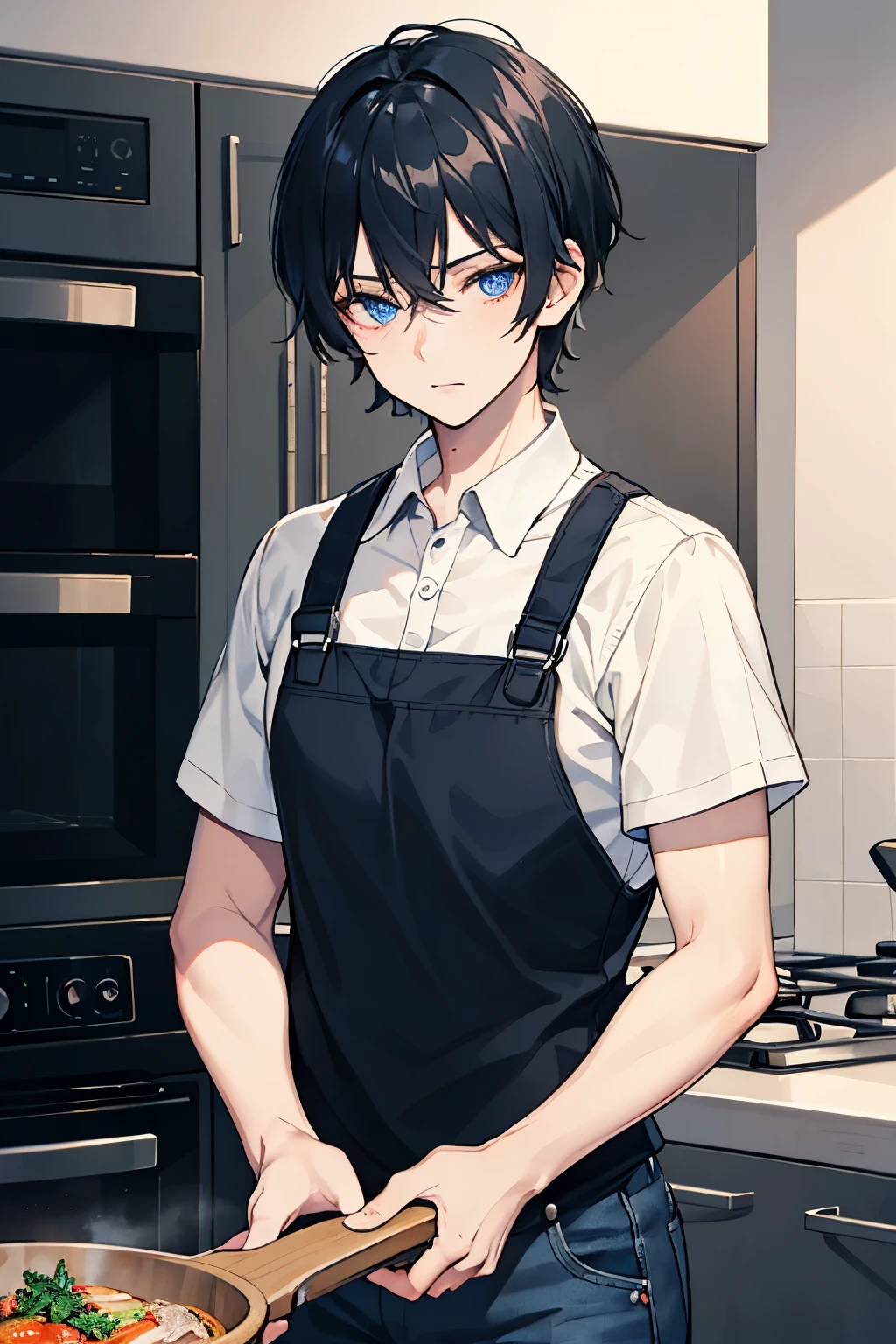 male black hair blue eyes short hair cool jeans trainer apron one person Cooking dishes kitchen masterpiece Highest image quality noise removal clear parts cinematic shadow Increased attractiveness of the eyes clear parts the shine of the eyes Draw eyelashes neatly perfect eyes detailed eyes Sharpen image quality Sharpen eye writing clear parts eye shape