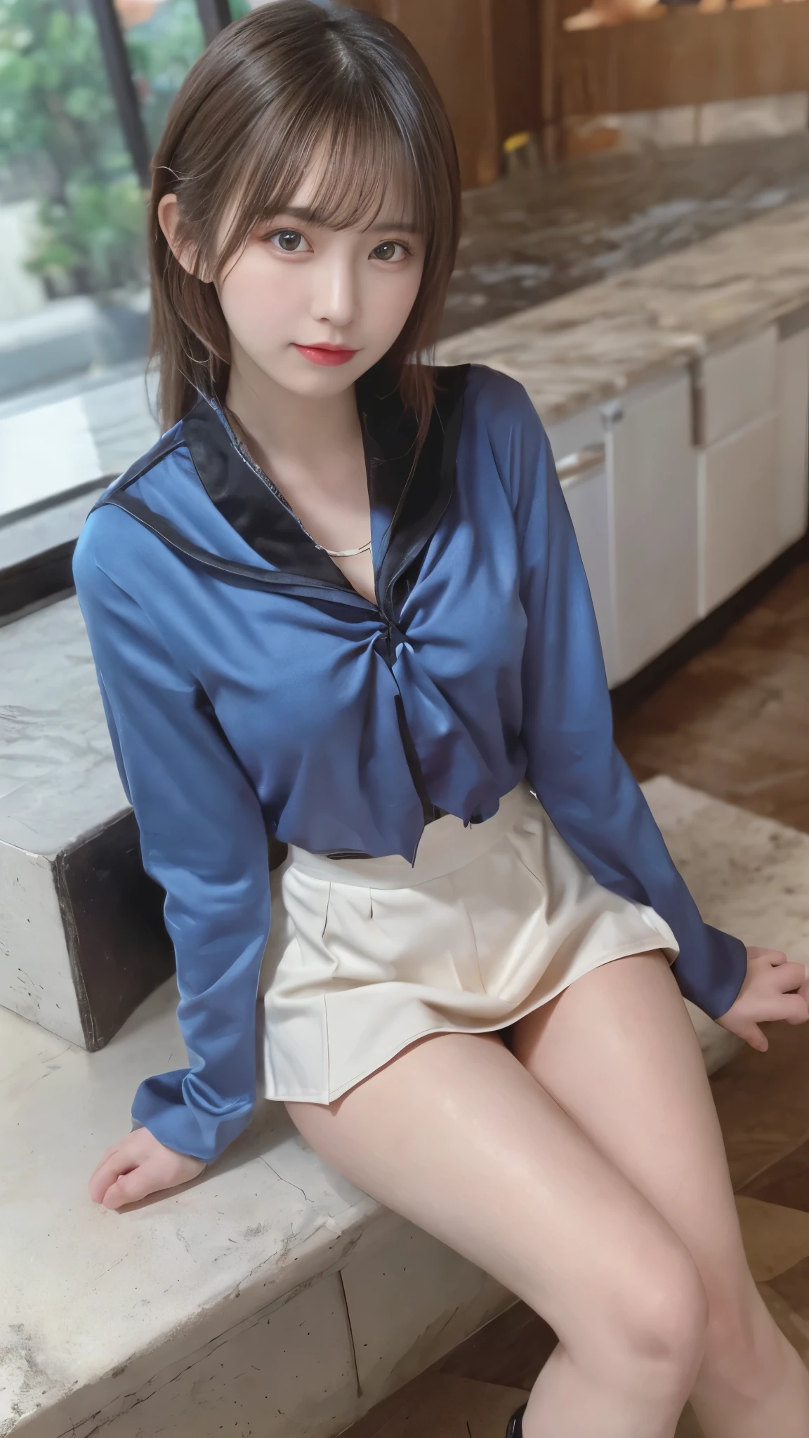 table top, highest quality, figure, super detailed, finely, High resolution, 8k wallpaper, 完璧なダイナミックな構figure, beautiful and fine eyes, woman's fashion fluffy winter clothes,Wearing sunglasses,medium hair,small breasts natural color lip, bold sexy pose、20 year old girl、cute、sexy shot looking at camera,RAW photo,anatomically correct body,blur the background,perfect and beautiful face,KPOP idol face,Slim face and body、Wearing a black miniskirt,Wearing black high heels,sitting in a chair,