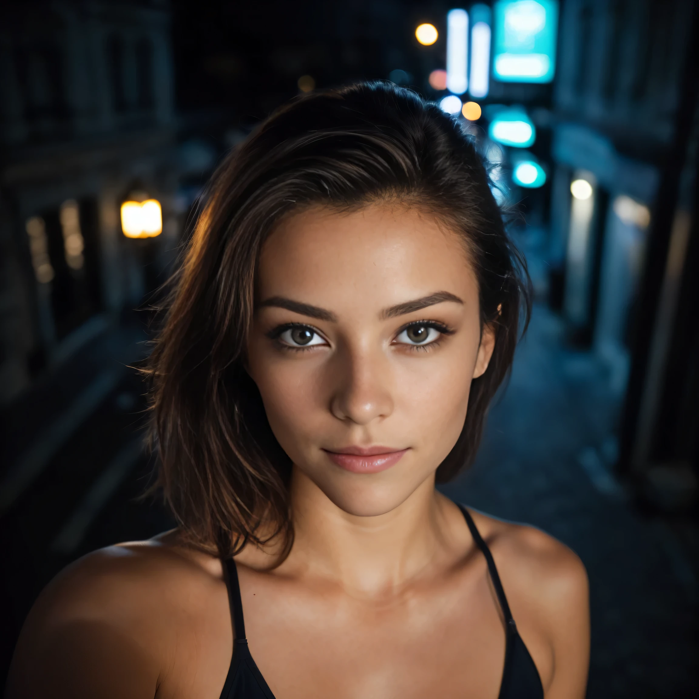 (Prendre des Selfies, Aerial view: 1.4), (right half of the torso: 1.4), photo portrait d'A 24-year-old French user in RAW UHD format (Femme aux yeux bleus) Descendez la ruelle sombre, Ville de nuit, details (textures! , cheveux! , Brillant, Couleur!! , imperfections: 1.1), highly detailed glossy eyes (Looking at the camera), DSLR lighting, appareil photo reflex, ultra-quality, acuity, Profondeur de champ, grain de film (centre ville), Fujifilm XT3, clair comme de l'eau de roche, Centre Du caDre, beau visage, acuity, lampadaire, Neon lighting, Bokeh (dimly lit), la nuit, (ciel de nuit), detailed skin pores, peau grasse, bronzage, intricate eye details, pretty shoulders
