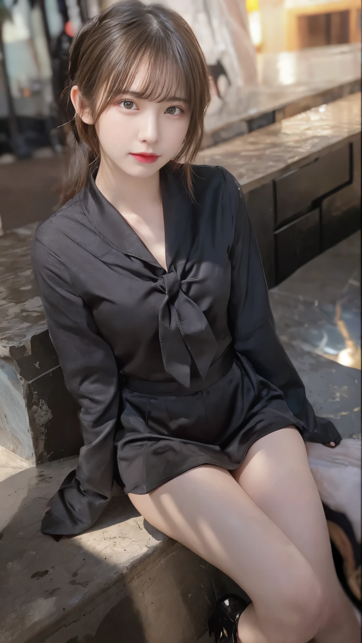 table top, highest quality, figure, super detailed, finely, High resolution, 8k wallpaper, 完璧なダイナミックな構figure, beautiful and fine eyes, woman's fashion fluffy winter clothes,Wearing sunglasses,medium hair,small breasts natural color lip, bold sexy pose、20 year old girl、cute、sexy shot looking at camera,RAW photo,anatomically correct body,blur the background,perfect and beautiful face,KPOP idol face,Slim face and body、Wearing a black miniskirt,Wearing black high heels,sitting in a chair,