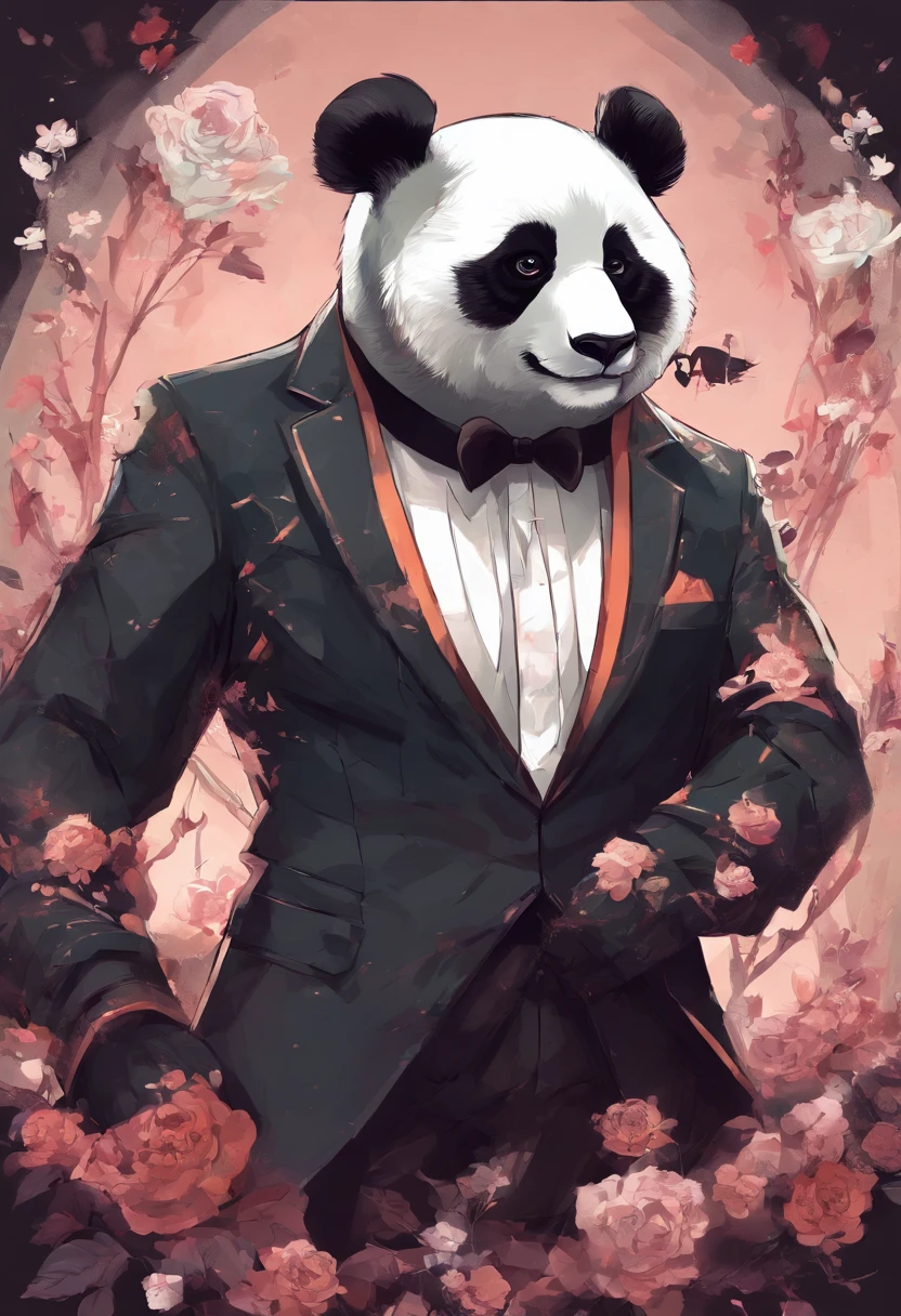 anthropomorphic panda, de cuerpo entero, vestido formalmente con un blazer, sostiene una bandeja, pegatina de panda, sticker de panda.
