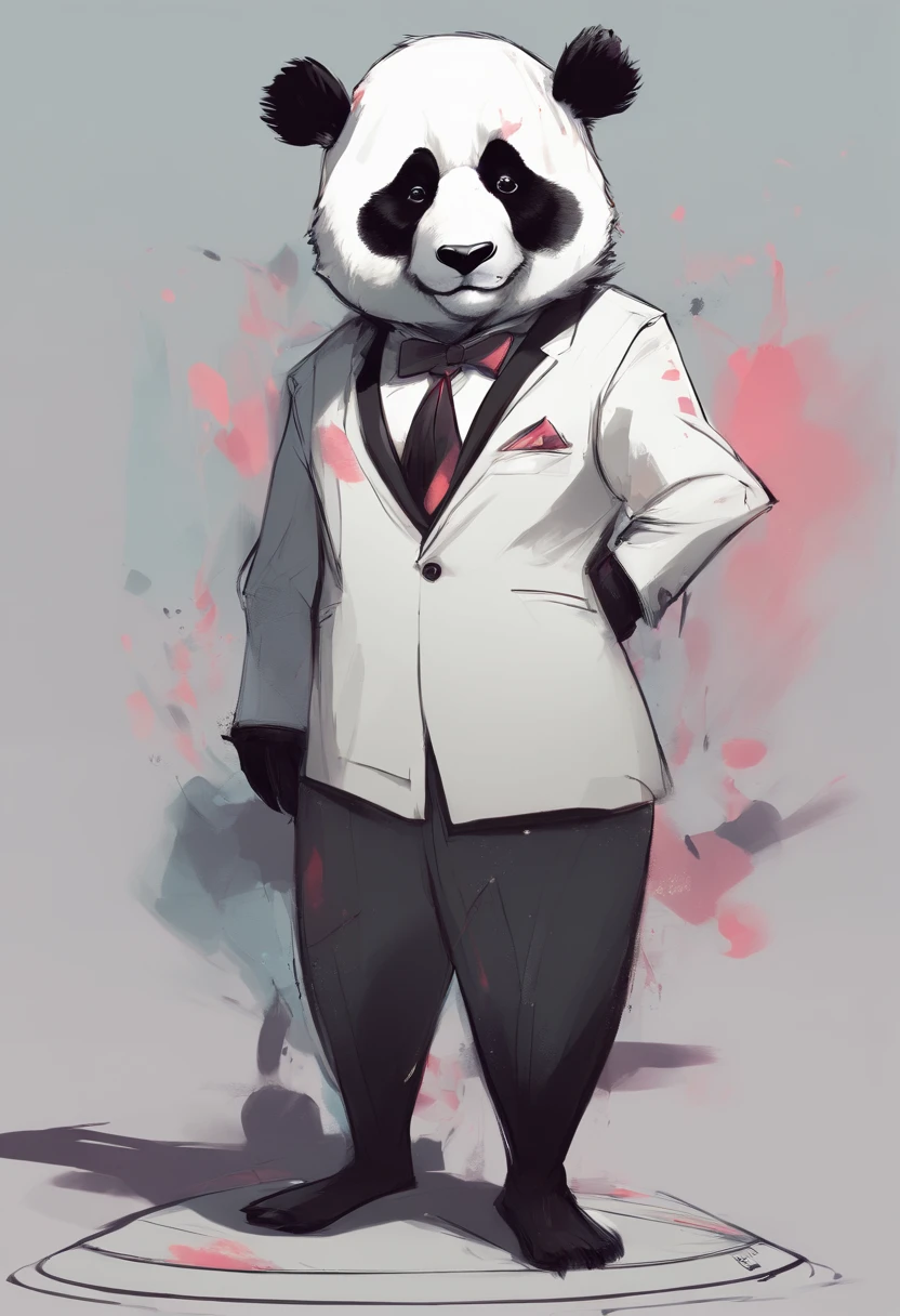anthropomorphic panda, de cuerpo entero, vestido formalmente con un blazer, sostiene una bandeja, pegatina de panda, sticker de panda.