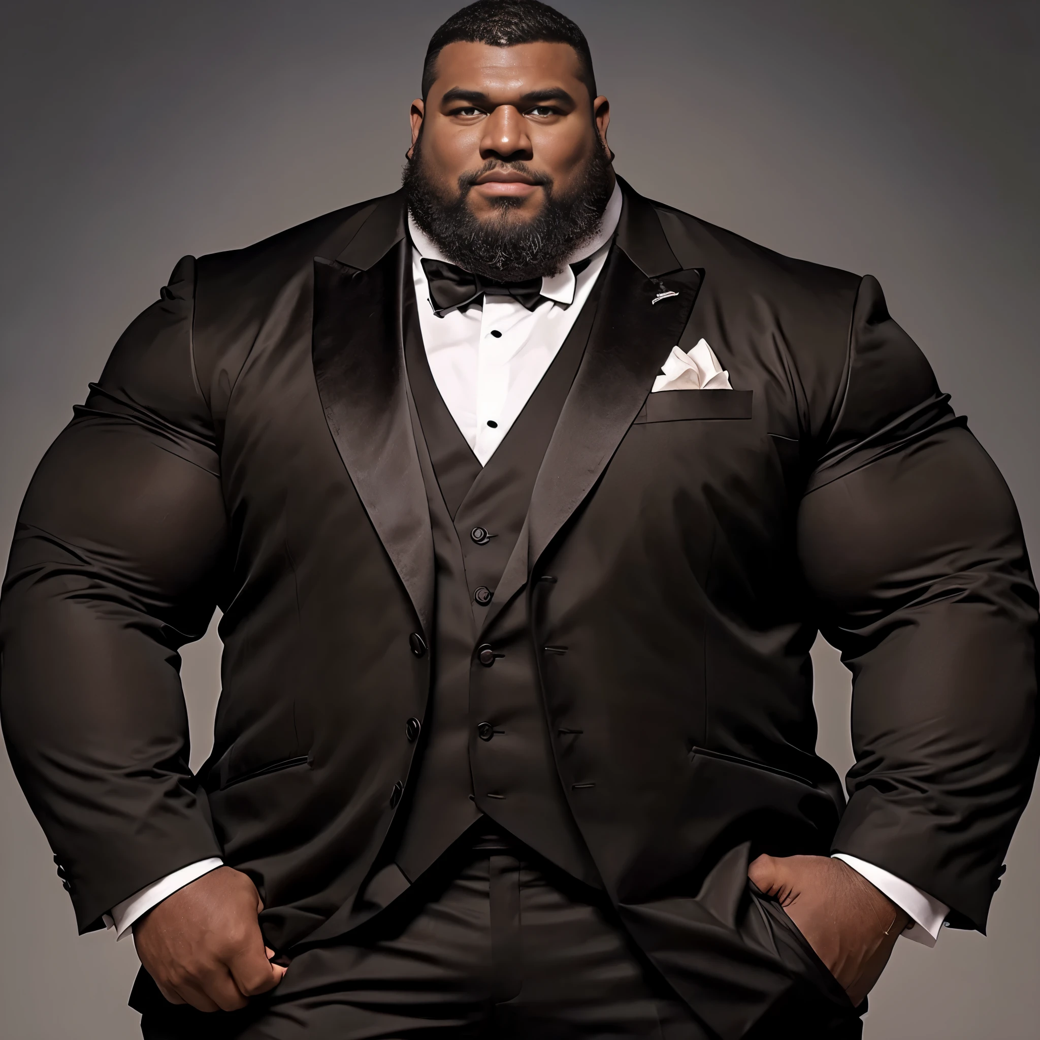 American man、dark skin color、big body、strong beard、Very large body、Very large muscles、wearing a black long-sleeved tuxedo、6 pack、Crisp face、Muscle Pose、detailed crotch、and draw the whole body、Bald head、Plump crotch、Lack of hair、Mouth kissing