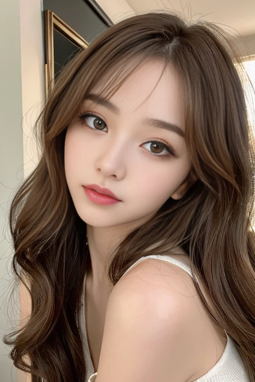 highest quality、masterpiece、High resolution、1 girl、（Dark eyeliner）、light brown hair、Natural makeup、dark eye shadow、extremely thin eyebrows、eyes highlighted with eyeliner、wavy hair、sexy pose、big 、seductive pose、whole body、