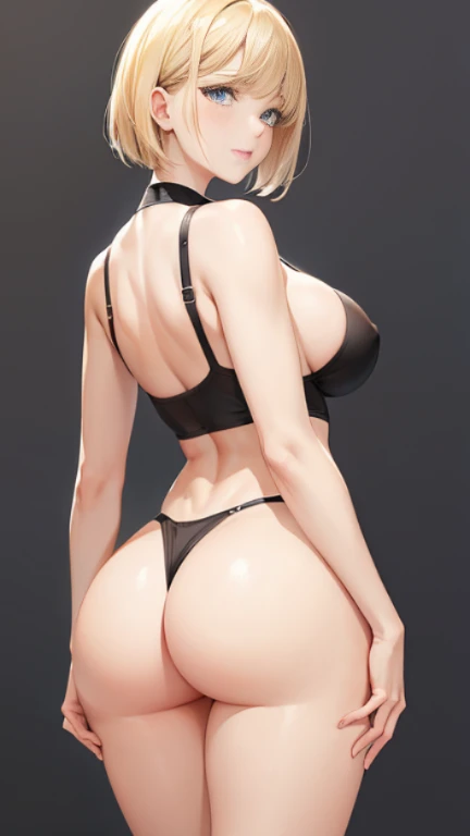 Unparalleled beauty, Glossy and firm skin, Bangs on both sides, loose and very short blonde hair, High resolution blue eyes, Beautiful and nice girl,Gentle smile,Abundant udder,Tight-fitting grey low-rise leggings,、Back and buttocks,no brassiere,Cover the breast with both hands