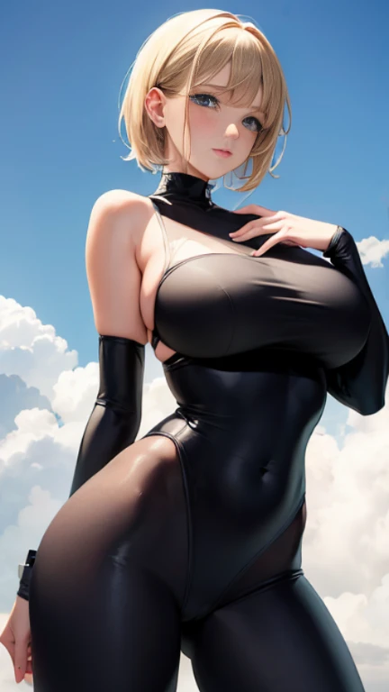 Unparalleled beauty, Glossy and firm skin, Bangs on both sides, loose and very short blonde hair, High resolution blue eyes, Beautiful and nice girl,Gentle smile,Abundant udder,Tight-fitting grey low-rise leggings,、Back and buttocks,no brassiere,Cover the breast with both hands