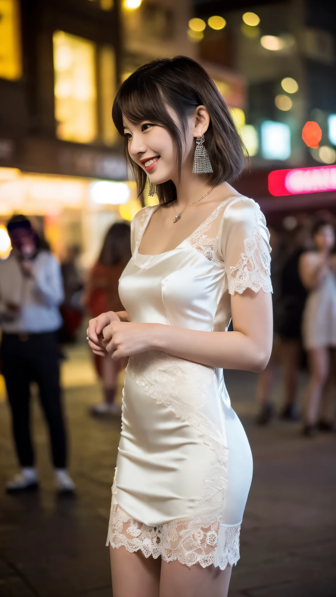 8K, table top, RAW photo, highest quality, realistic, Highly detailed CG Unity 8K wallpaper, Depth of bounds written, cinematic light, Lens flare, ray tracing, (very beautiful face, beautiful lips, beautiful eyes), face with intricate details, ((super dense skin)) 1 girl, in the dark, deep shadow, cute korean girl, Flashy makeup with red eyeshadow,her shortcut, Delicate light brown hair is slightly disheveled with side waves.,wearing large ring earrings,K-POP idol, 1 girl, (very slim and slender fit muscular body:1.3), ((looking at the viewer)),(big smile:1.3), (sleeve fashion city night, Hand Precise,dark night, (neon sign), (blurred background), fashion street night),(no people in the background:1.3), beautiful earrings, bracelet, necklace, pantyhose, clear eyes, walk, (white skin), (big eye ace forward, ((upper body shot)), ((super mini color silk dress:1.3)),(brown hair),((tight fit lace dress)), (See through), open chest, very slim, medium breasts, backtracking,((buckshot)), See through, Medium Butt, Ultra Super Mini Skirt, updo hair,