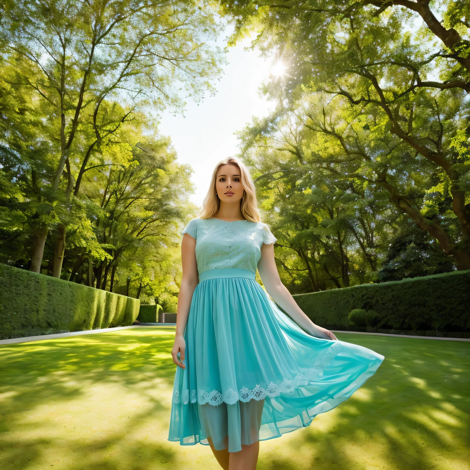 (best quality,4k,hyper-realism:1.2),ultra-detailed,23-year-old blonde woman with beautiful, expressive eyes and elegant lips,(slim waist,curvy body),dressed in a flowing light blue dress with intricate lace details, standing in a vibrant garden with blooming flowers and lush greenery, (soft sunlight filtering through the trees, casting gentle shadows), her arm gracefully raised as if reaching for the sky, surrounded by a modern architectural structure with clean lines and glass windows reflecting the blue sky and clouds. The woman exudes confidence and serenity, with a hint of mystery in her gaze. The overall color palette is dominated by cool tones of blue and green, creating a tranquil and ethereal atmosphere.