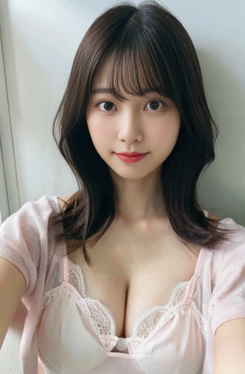 japanese model,selfie, Young sensual,young and cute, realistic,real sensuality,Sophisticated, beautiful asian girl, white wall background in the room,selfie,C cup,cleavage,light pink lace camisole,with a single-lens reflex camera