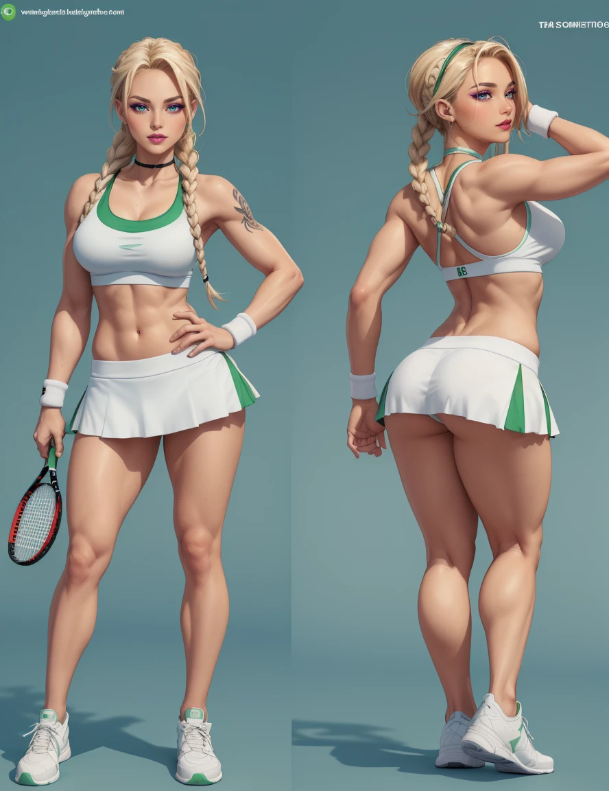The concept character sheet of a strong, attractive, and hot lady player tennis, (player tennis style), wearing white and green player tennis clothes, sneakers and cap. Her face is oval, forehead is smooth and visibly rounded at the temples. jawline is softly defined, giving her a gentle and feminine appearance, full body, Full of details, frontal body view, back body view, Highly detailed, Depth, Many parts, ((Masterpiece, Highest quality)), 8k, Detailed face, scars, serious expression. Infographic drawing. Multiple sexy poses. tattoos,3d, (braids blond), (light blue eyes), choker
