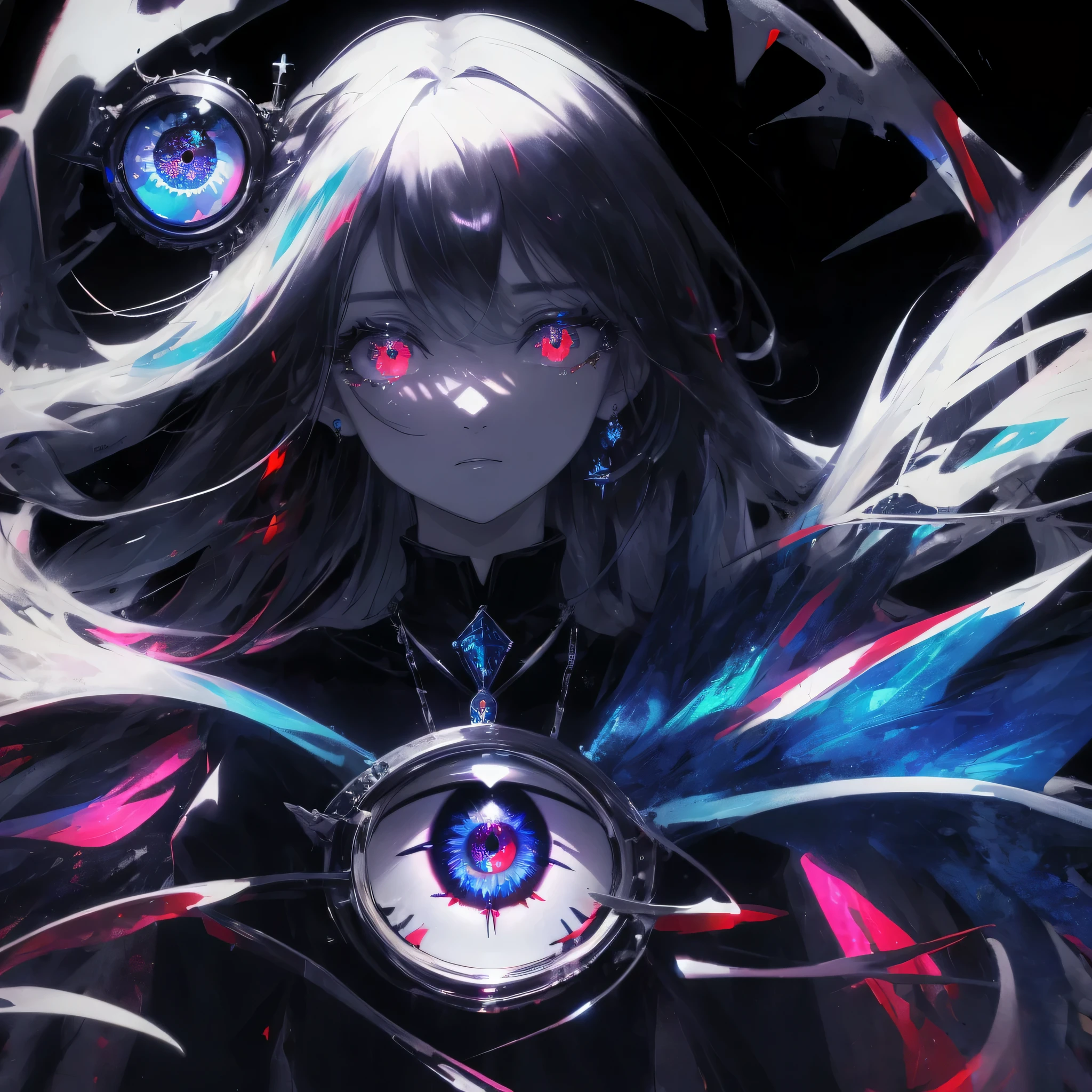 ((masterpiece)), Colorful, Best quality, ultra high resolution, extremely detailed, night in black and blue colors, polar illumination, difficult, psychedelic, surreal, cinematic lighting, One, high contrast, deafening, emotional, surreal, 1 girl, eyes with gradient, Model figure, intense gaze, crying Blood, Necklace, Rings, chain on clothes, Long fluffy wavy hair, Blood, vampiric, demonic, fracture, (background with big eyes)), Hair over one eye, (glowing eyes), extra eyes