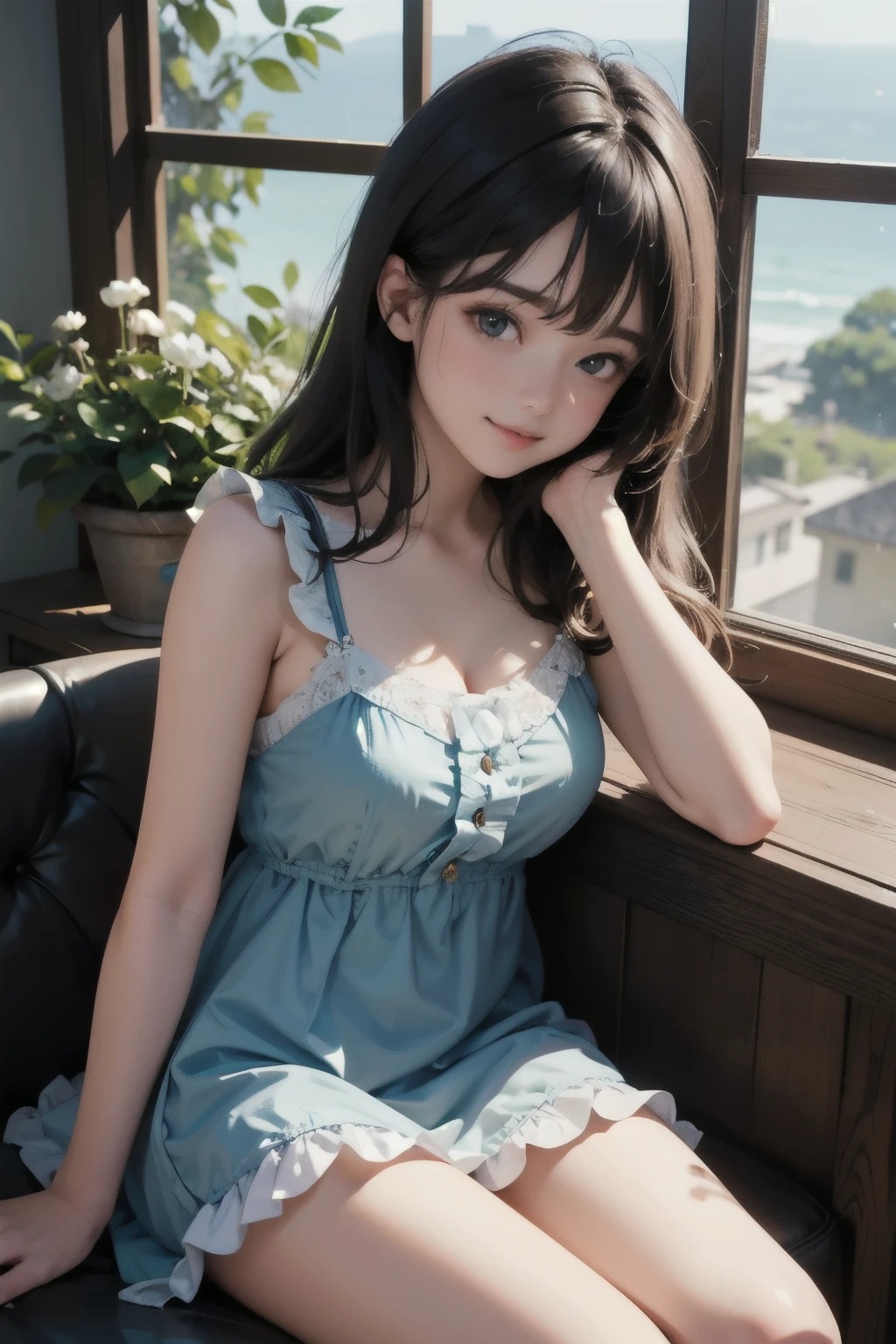 very cute and beautiful girl sitting near window,(floral blue summer dress with detailed frills),sleeveless,detailed lace,spread legs,white panties, (highly detailed beautiful face and eyes:1.2),antique hotel bedroom with outside view,distant trees and ocean, cowboy shot,(smile:1.2),blush,medium hair,black hair, (best quality,masterpiece:1.2),absurdres,highres,ultra-detailed,extremely detailed,32k,8k resolution, intricate details,cinematic scene,detailed background,solo,dynamic angle, natural lighting,light particles,beautiful detailed sky,