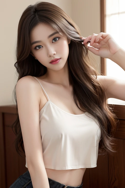 highest quality、masterpiece、High resolution、1 girl、（Dark eyeliner）、light brown hair、Natural makeup、dark eye shadow、extremely thin eyebrows、eyes highlighted with eyeliner、wavy hair、camisole、sexy pose、big 、seductive pose、whole body、