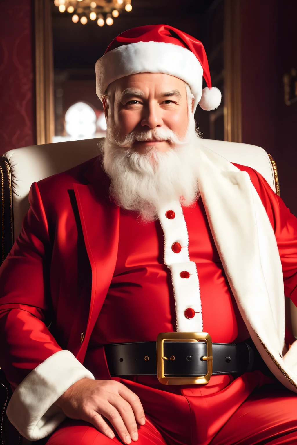 Photo of Father Christmas, jolly and cheerful figure, (wearing a red suit with white trim and a thick black belt), ((Portrait)), ((Detailed face:1.2)), ((detailed facial features)), (rosy, wrinkled skin), with a white beard reaching down to his chest, wrapped in a fur-lined cloak, Living room environment, Sitting comfortably on an armchair, Warm color palette, Cozy, Reflectors (to enhance the shine on the red suit), (masterpiece) (perfectly proportions) (photos realistic) (Best Quality) (Detailed) photographed in a Canon EOS R6, 50mm L