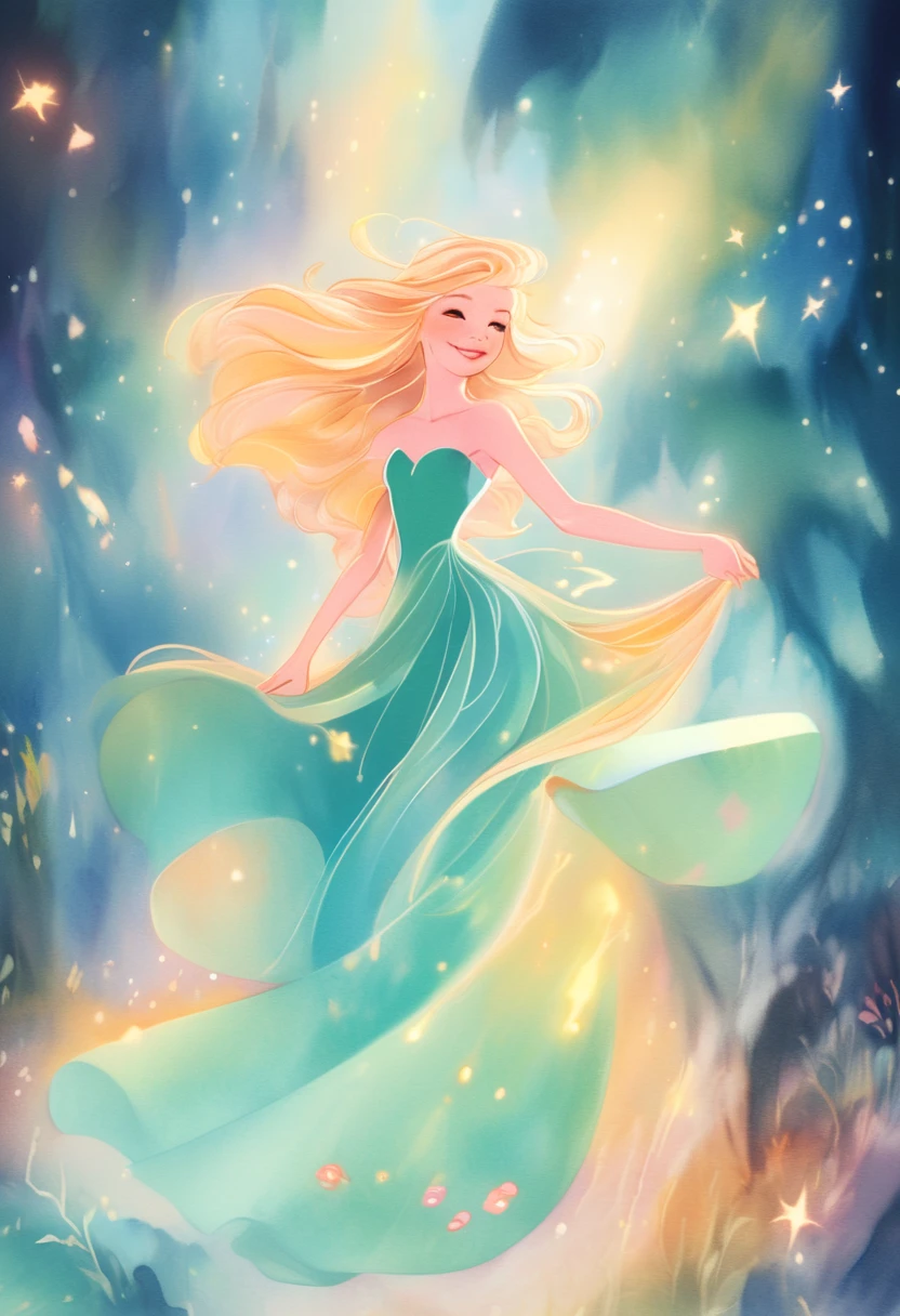 beautiful girl in flowing colorful ballgown, Fairy dress, long golden hair, Colorful watercolor background, inspired Written by Glen Keene, inspired Written by Lois Van Baarle, disney art style, Written by Lois Van Baarle, There's a glowing aura around her, Written by Glen Keene, Just Bartel, incandescent lamp! digital painting, flowing shining hair, shining flowing hair, beautiful digital illustration, Fantasia otherworldly landscape plants flowers, beautiful, masterpiece, highest quality, Anime Disney Style
