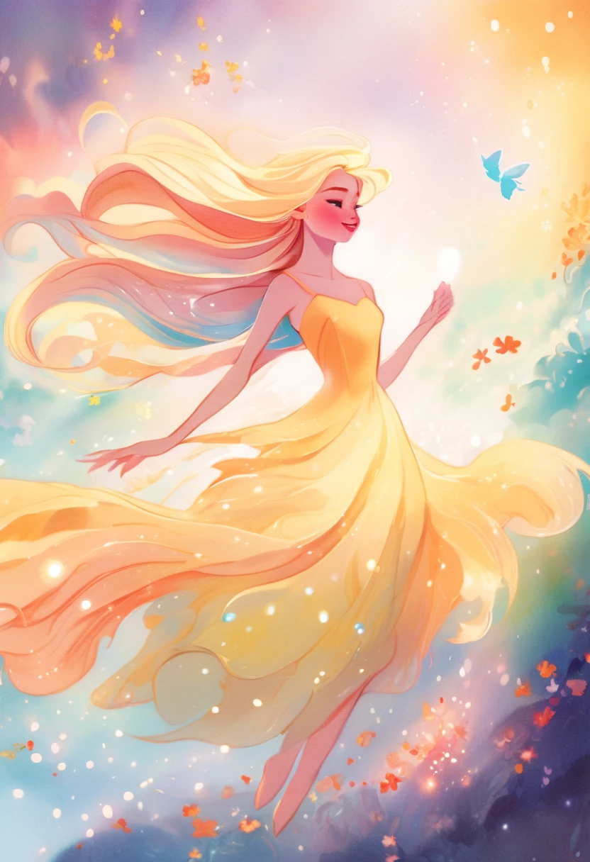 beautiful girl in flowing colorful ballgown, Fairy dress, long golden hair, Colorful watercolor background, inspired Written by Glen Keene, inspired Written by Lois Van Baarle, disney art style, Written by Lois Van Baarle, There's a glowing aura around her, Written by Glen Keene, Just Bartel, incandescent lamp! digital painting, flowing shining hair, shining flowing hair, beautiful digital illustration, Fantasia otherworldly landscape plants flowers, beautiful, masterpiece, highest quality, Anime Disney Style