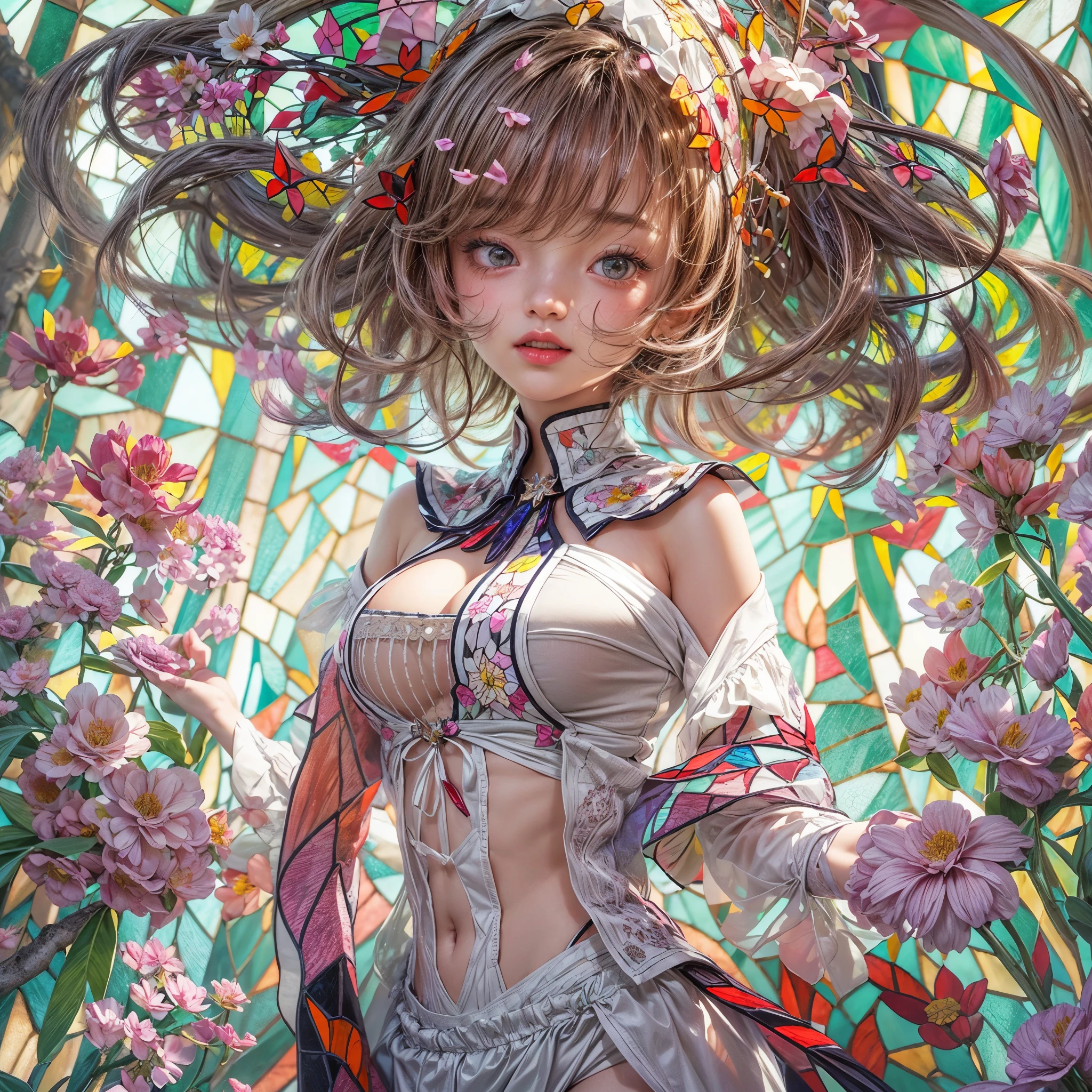 (NSFW:-0.98) . White and Red, (Dazzling colorful light pours down and reflects:1.2), (Physically-based 3D Rendering with incredible detailed Textures), Award-winning Masterpiece of professional Analogue photograpy, { (((Photorealistic:1.37))) | (Hasselblad with F2.8) }, (((Acutance:0.99, Dynamic- Closeup:1.37), { from below | from side } )) . (KAWAII girls in (school uniform)) with visible Overflowing Cleavage and Navel without bra . (((Extremely detailed KAWAII face variations)) with joyful expressions), { Glossy cute Lips Closeup | Detailed natural eyes with sparkling highlights and long eyelashes | Rosy cheeks | Navel | (pretty Ass) | (Overflowing underboob) | Oiled ivory skin Details | White panties with (blood seeping only in crotch area) | ((full of Flowers covering girl's body:1.15)) | (((Dazzling colorful stained glass with stunning elaborate details:1.2))) | Mystic sight | A Halo ling in the air | God rays | Haze | Lens flare | Lens Ghost | Luminescent particles | Halation } . Ultra-detailed, (Exposed:0.8), (((Nipple:-0.9))) .