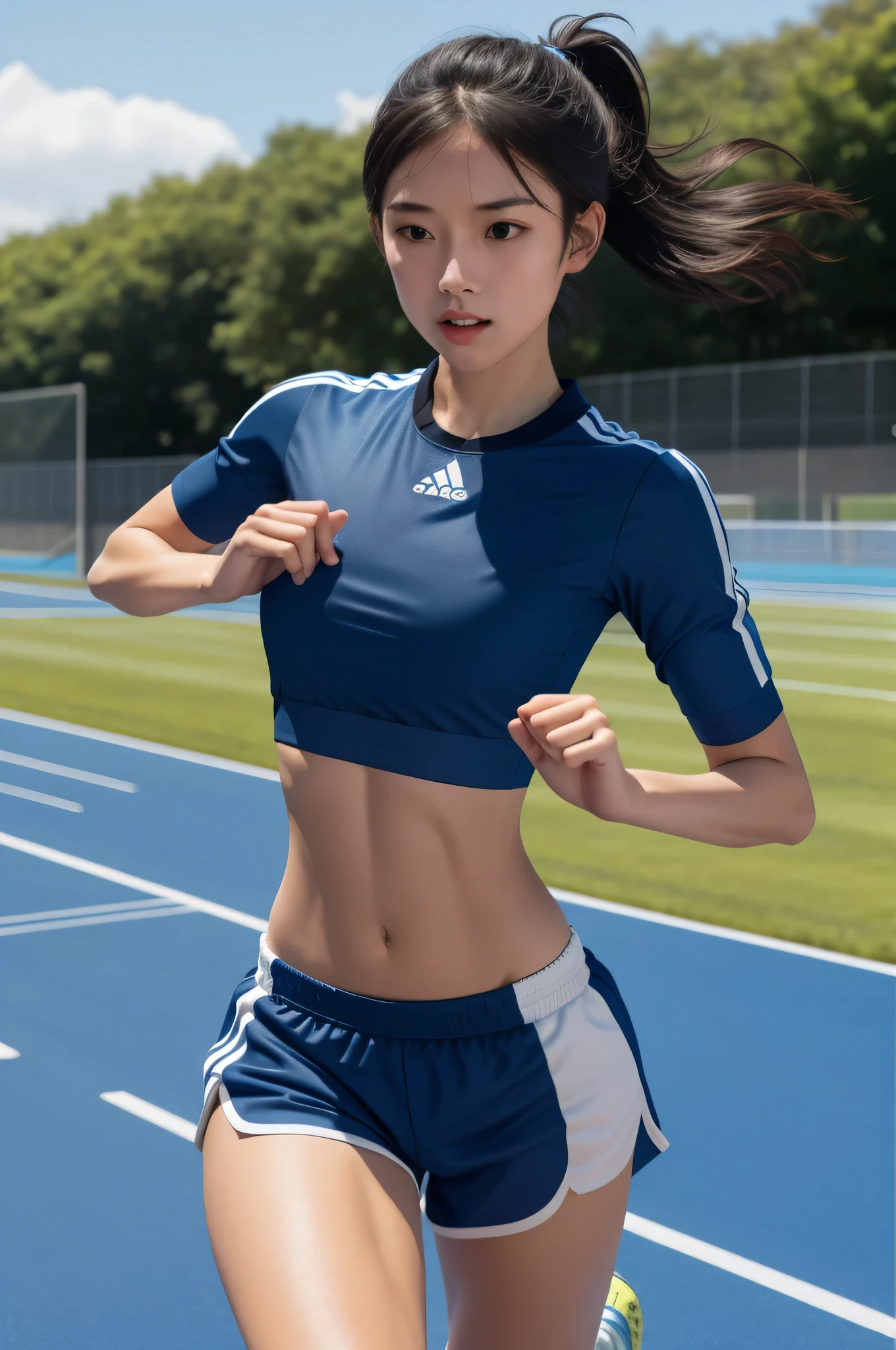 there is a woman running on a track with a blue shirt, sporty physique, fit girl, athletic body, girl is running, attractive sporty physique, running pose, sport bra and dark blue shorts, chiho, her face flushing and sweat, sporty, athletic fashion photography, girl running, sport bra and shirt, fit body, cute sportswear, with abs, change pose