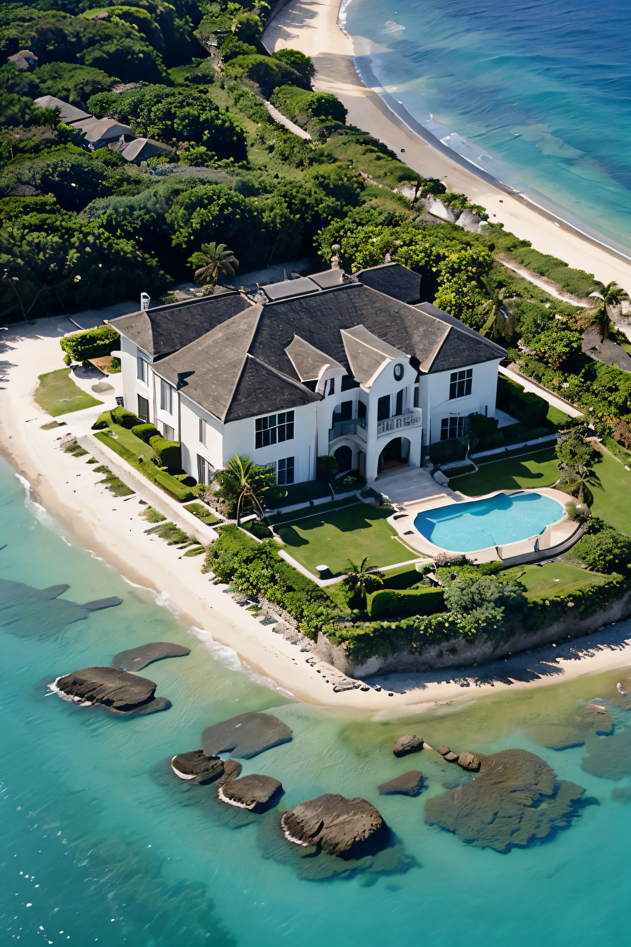 Ilha particular luxuosa, agua por todos os lados, luxurious two-story mansion, pier com piscina privativa, praia privativa com areia branca, Accommodation of employees outside, muro de pedra que separa a casa principal da ilha'aerial view of staff accommodation