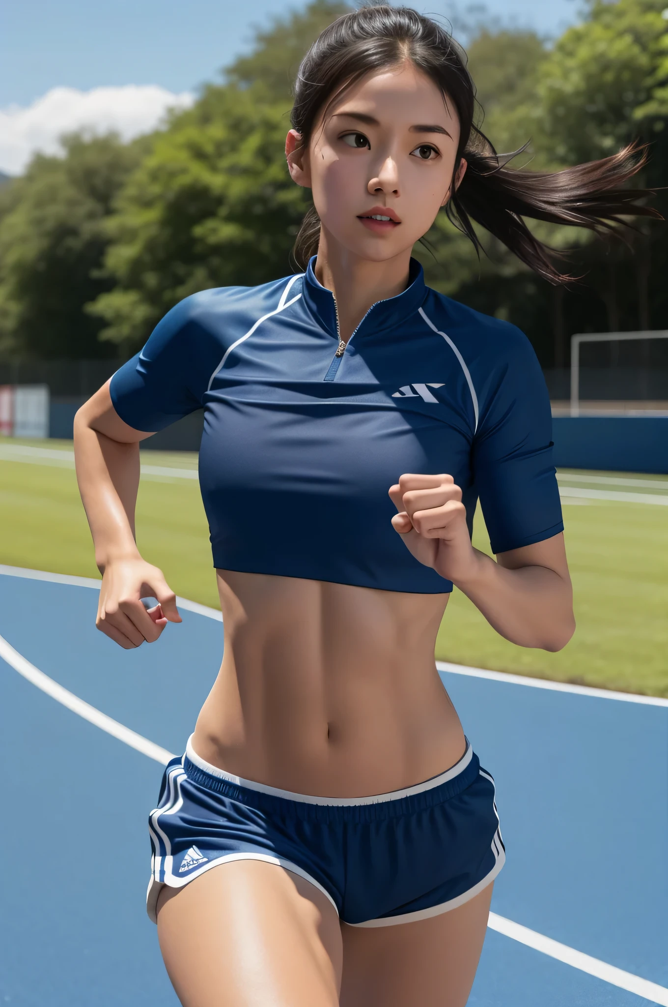 there is a woman running on a track with a blue shirt, sporty physique, fit girl, athletic body, girl is running, attractive sporty physique, running pose, sport bra and dark blue shorts, chiho, her face flushing and sweat, sporty, athletic fashion photography, girl running, sport bra and shirt, fit body, cute sportswear, with abs, change pose