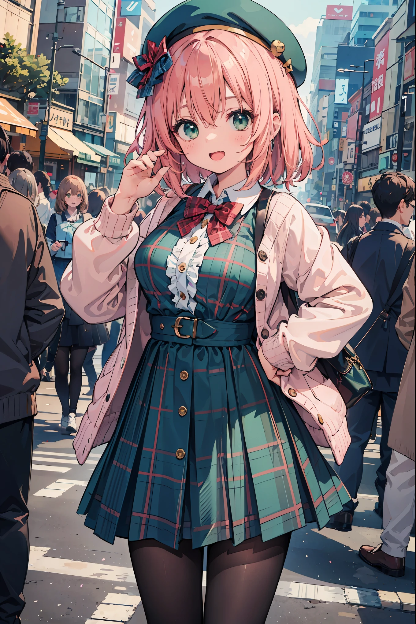 insanely detailed, absurdres, ultra-highres, ultra-detailed, best quality,
1 girl, solo, nice hands, perfect hands
BREAK
(vintage-inspired beret with flower pin:1.3), (navy and red plaid dress:1.5), (golden buttons down the front:1.2), (ivory blouse with ruffle detailing and red bow tie:1.4), (peach cardigan with cable knit pattern:1.3), (black tights:1.1), (red Mary Jane shoes:1.2)
BREAK
laugh, open mouth, wavy mouth,
cute pose, cowboy shot, looking at viewer
BREAK
slender, kawaii, perfect symmetrical face, ultra cute girl, ultra cute face, ultra detailed eyes, ultra detailed hair, ultra cute, ultra beautiful,
BREAK
in harajuku, shibuya, tokyo, street, crowd, cityscape,
large breasts
BREAK
(medium hair, dark green eyes), hair between eyes