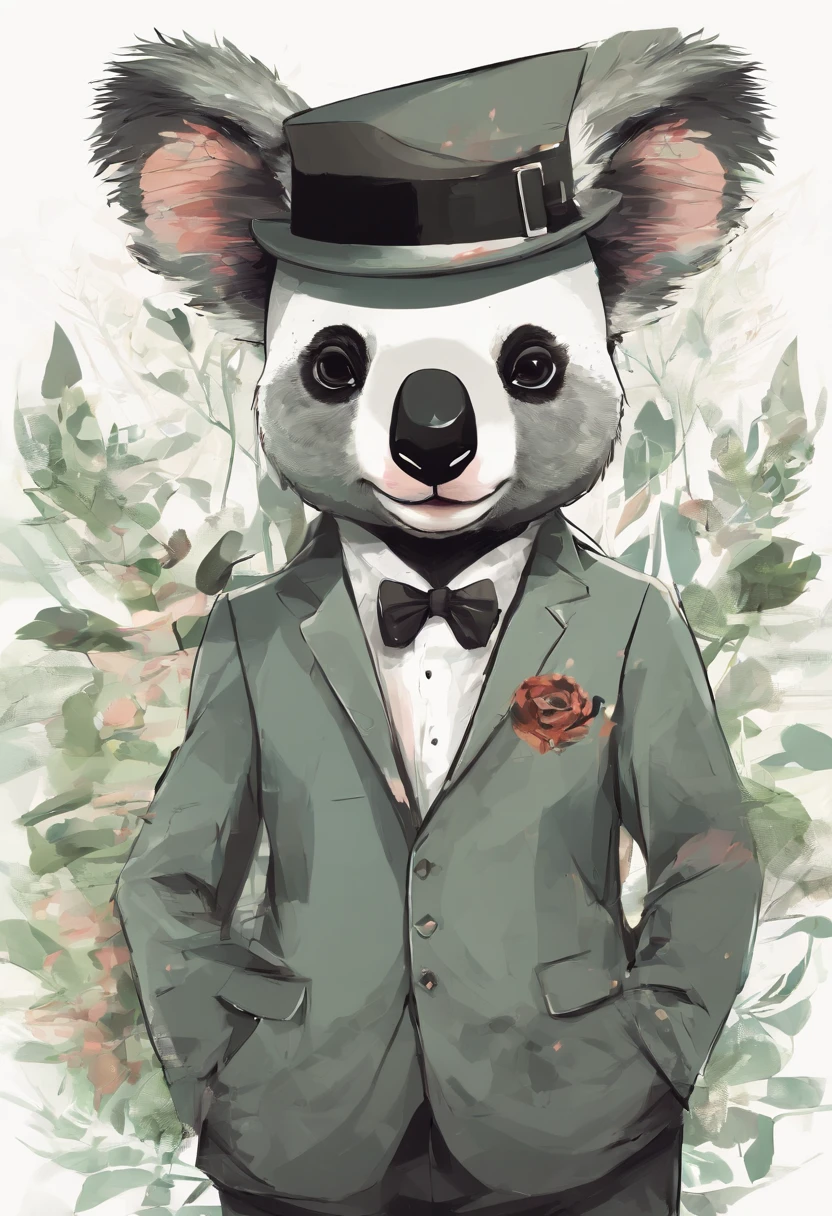 anthropomorphic koala, de cuerpo entero, vestido formalmente con un blazer, sostiene una bandeja, pegatina de panda, sticker de panda.