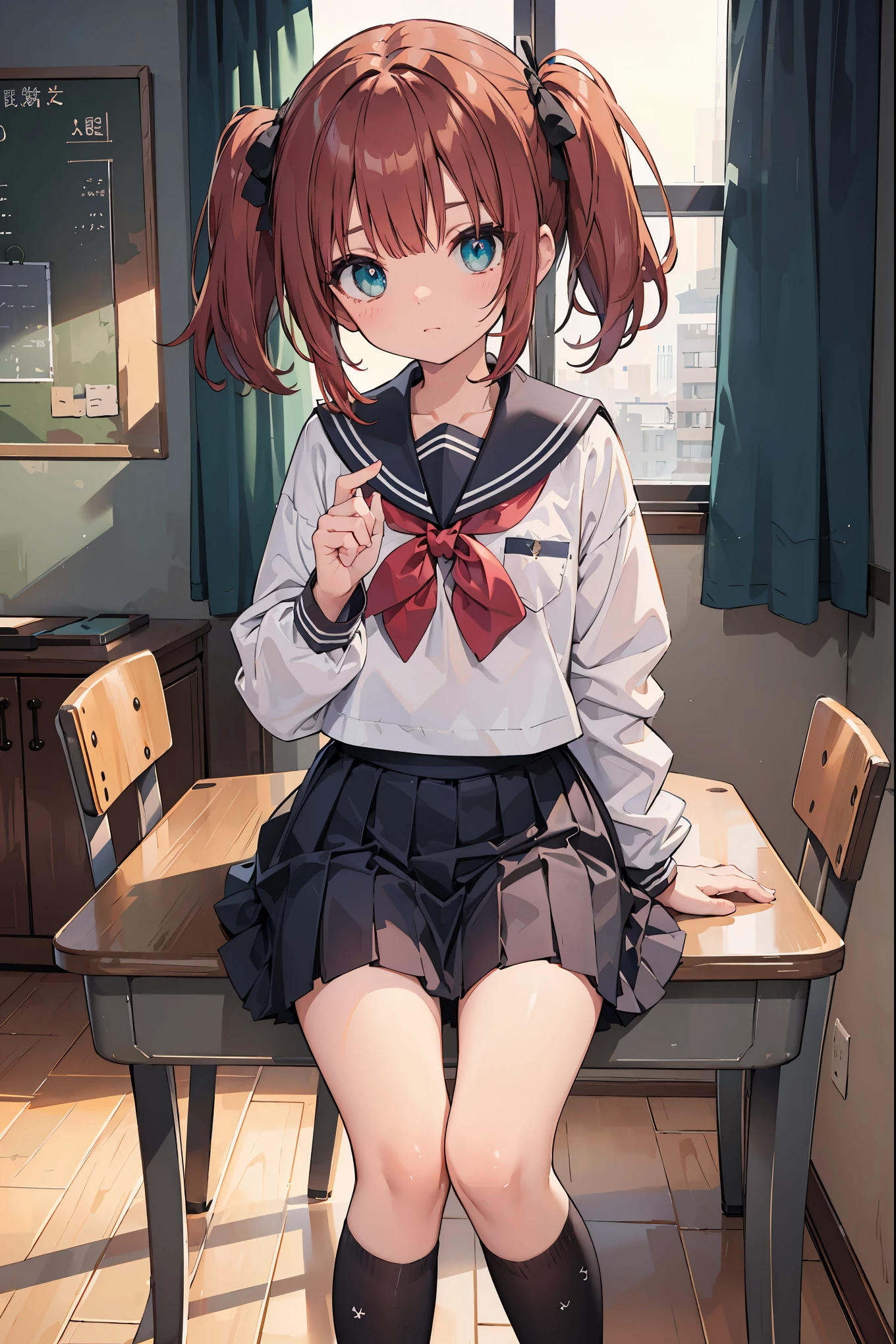 rubykurosawa, ruby kurosawa, aqua eyes, medium hair, red hair, two side up, twintails, (flat chest:1.2), 
BREAK black socks, bow, bowtie, brown footwear, buttons, grey sailor collar, grey skirt, loafers, long sleeves, miniskirt, pleated skirt, sailor collar, school uniform, serafuku, shirt, shoes, skirt, uranohoshi school uniform, white shirt, winter uniform, yellow bow, yellow bowtie,
BREAK looking at viewer, 
BREAK indoors, classroom, 
BREAK (masterpiece:1.2), best quality, high resolution, unity 8k wallpaper, (illustration:0.8), (beautiful detailed eyes:1.6), extremely detailed face, perfect lighting, extremely detailed CG, (perfect hands, perfect anatomy),