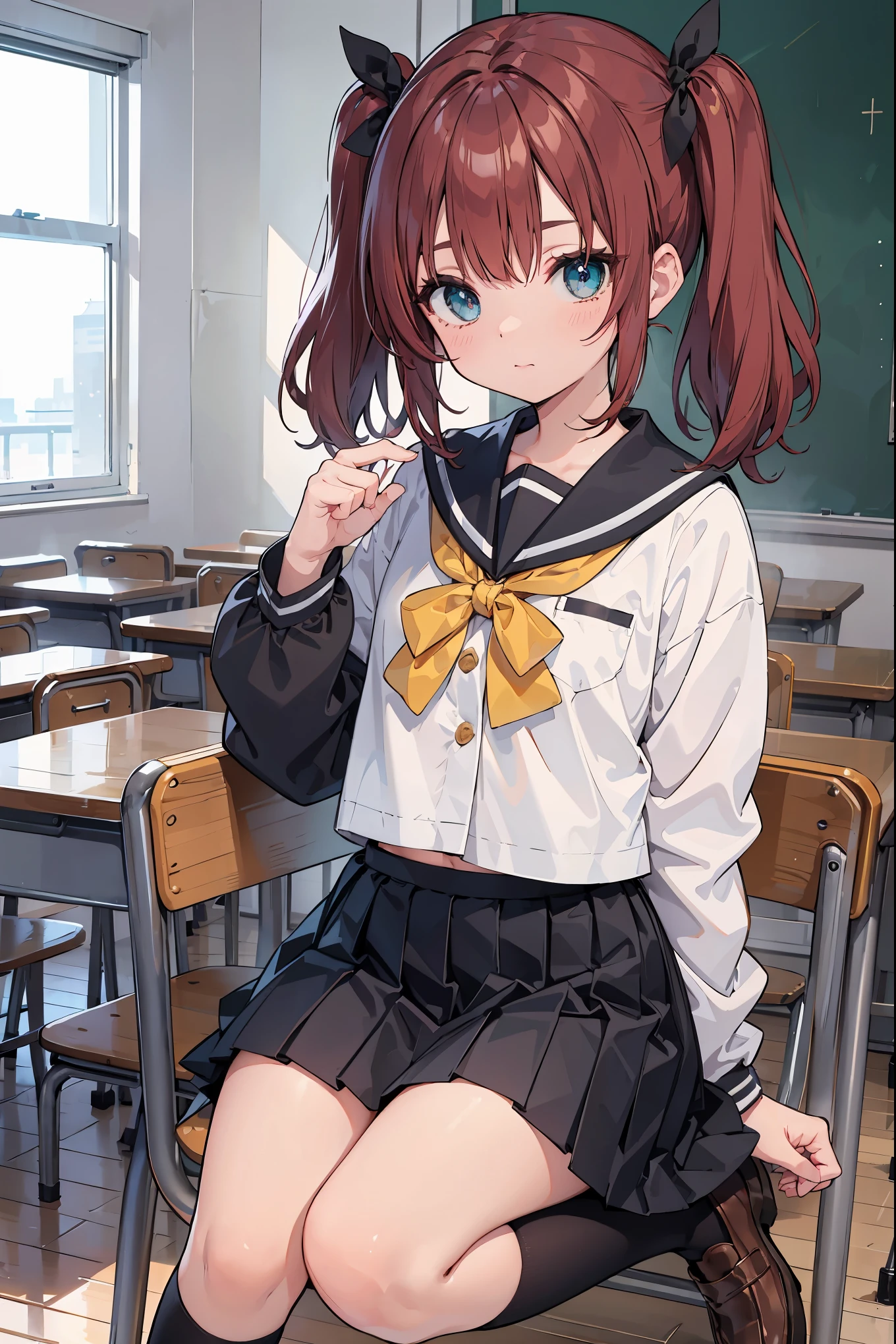 rubykurosawa, ruby kurosawa, aqua eyes, medium hair, red hair, two side up, twintails, (flat chest:1.2),
BREAK black socks, bow, bowtie, brown footwear, buttons, grey sailor collar, grey skirt, loafers, long sleeves, miniskirt, pleated skirt, sailor collar, school uniform, serafuku, shirt, shoes, skirt, uranohoshi school uniform, white shirt, winter uniform, yellow bow, yellow bowtie,
BREAK looking at viewer,
BREAK indoors, classroom,
BREAK (masterpiece:1.2), best quality, high resolution, unity 8k wallpaper, (illustration:0.8), (beautiful detailed eyes:1.6), extremely detailed face, perfect lighting, extremely detailed CG, (perfect hands, perfect anatomy),