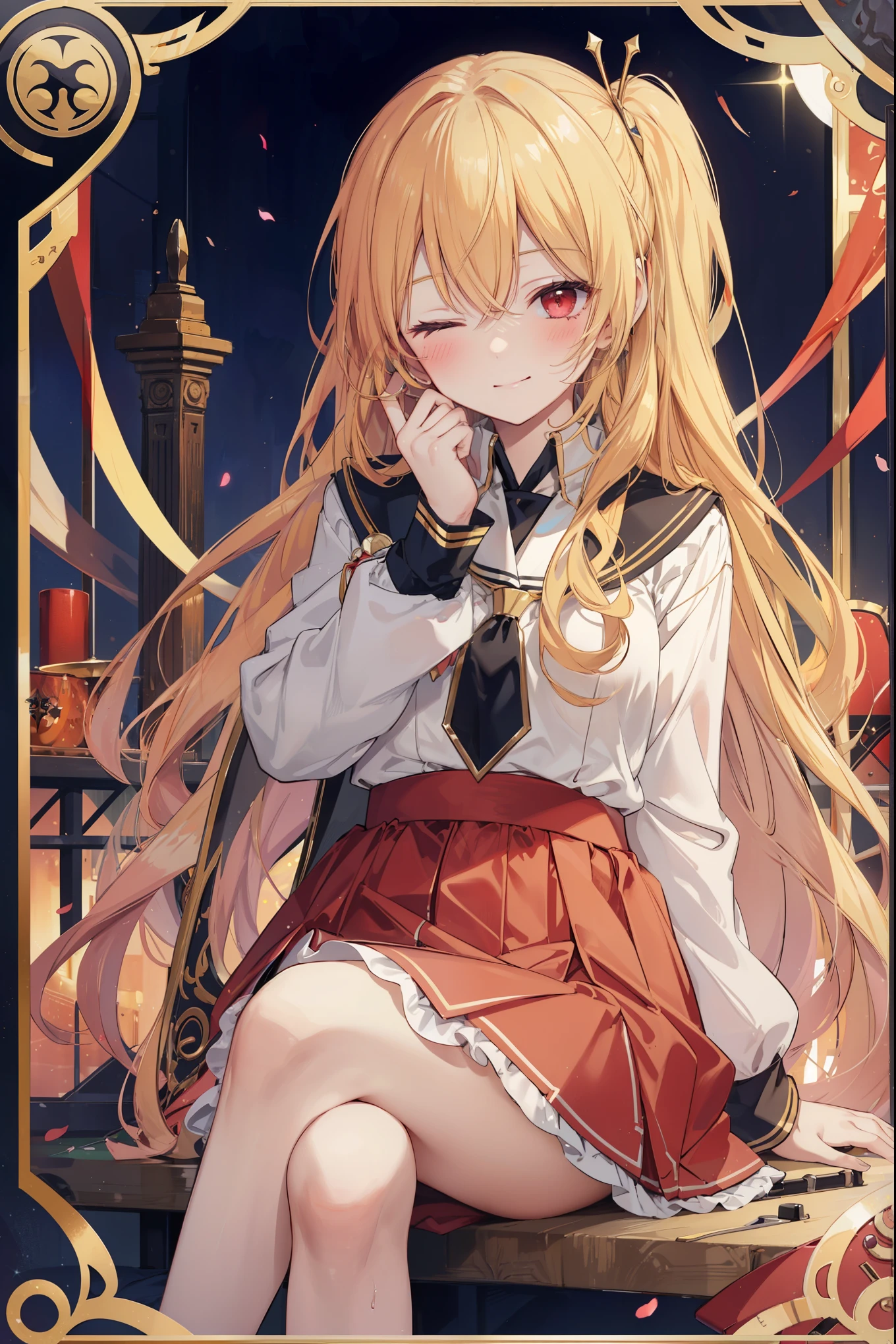 1Girl, golden hair, sharp red eyes but closed 1 eyes, blush, harm smile, wearing high school girl clothes, sitting while playing music tools, make it like tarot anime-style but no frame