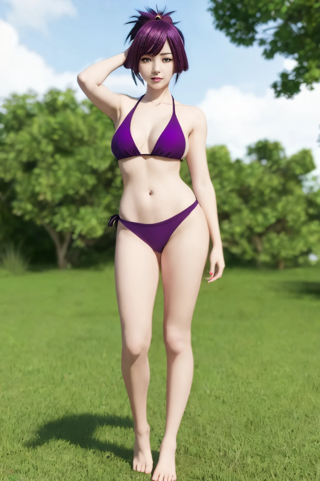 Anime girl in bikini posing in the forest, solo, anime rush john 8k forest, Highly detailed altogerm, attractive anime boy, official anime still, seductive anime girl, Commission for high resolution, Photorealistic anime boy rendering, short ponytail purple hair girl, clothing:bikini swimwear, Red-eyed girl, big breasts, girl with big breasts, purple bikini, wearing a swimsuit, Commission for high resolution, in a trianglebikini, Photorealistic anime girl rendering, anime still, anime moe art style, official art, anime best girl, a girl is standing, smile, Anime visual of a young girl, attractive anime girl, anime female characters, female focus, shuushuu anime image, The best girls in anime, Gweiz style artwork, detailed digital anime art, perfectly shaded body, Realistic anime 3D style, 美しいattractive anime girl, realistic anime art style, realistic shaded perfect body,