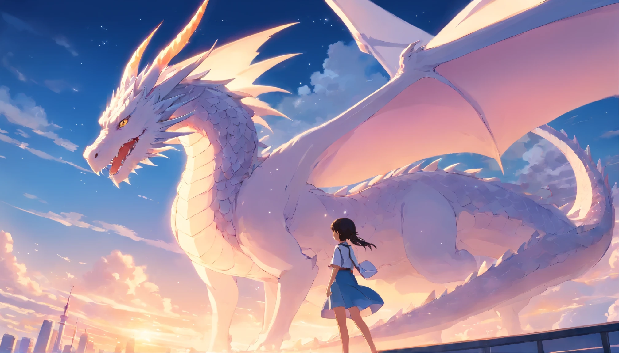 null飛ぶ龍,null,Glow Up,fancy,Dragon,4K,girl looks at the sky,Dragon Branco,Dragon Brancoが空を飛ぶ,Tokyo sky
