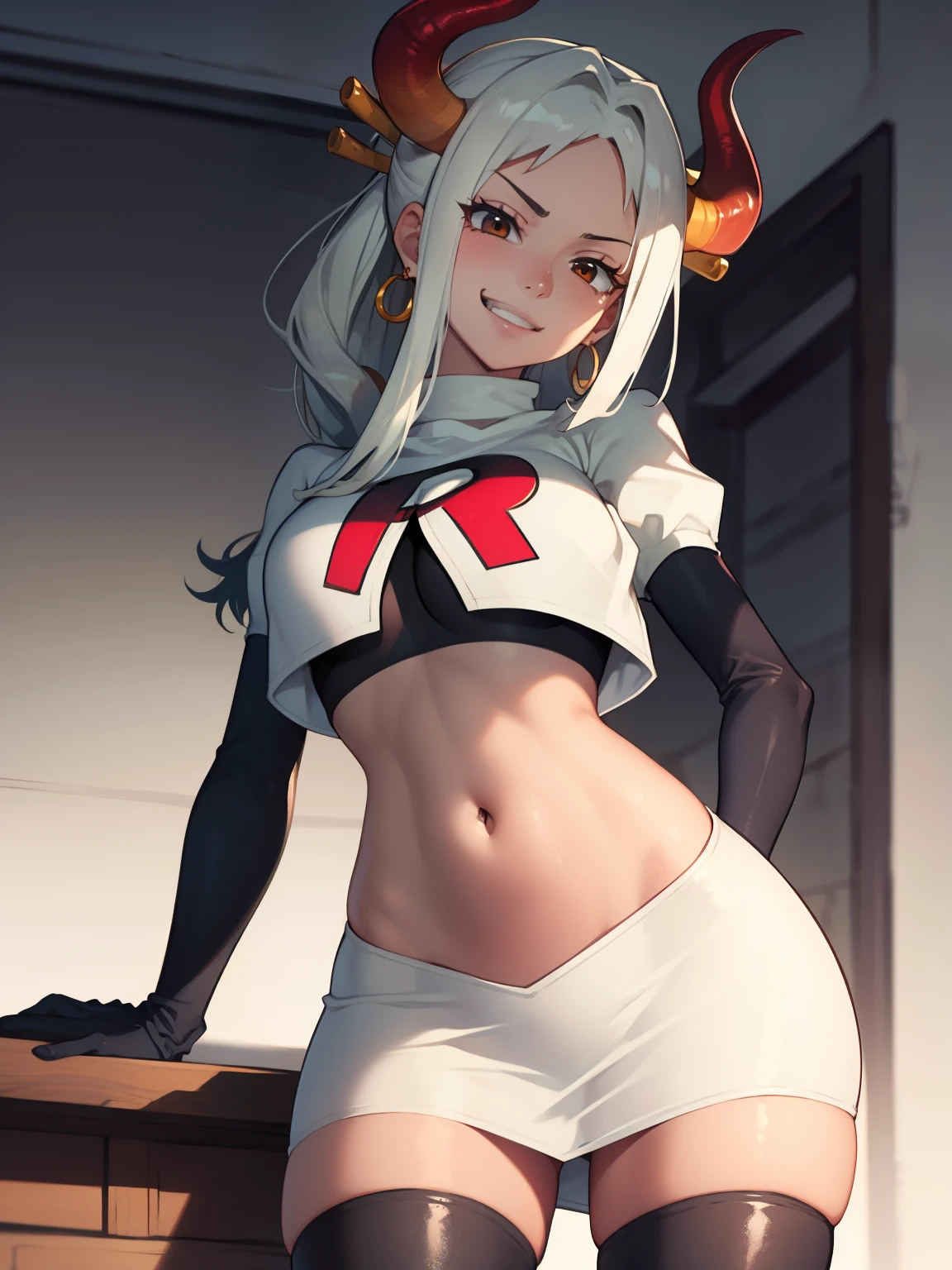 Yamato, horns ,earrings, glossy lips ,team rocket uniform, red letter R, white skirt,white crop top,black thigh-high boots, black elbow gloves, evil smile, sexy poses