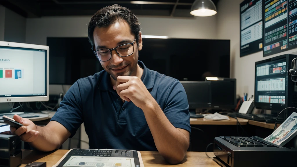 Describe the scene of a happy man holding money in his hand, imerso dentro da tela de um computador. Explore the symbolism behind this representation and how it reflects the interaction between the financial world and the digital environment.