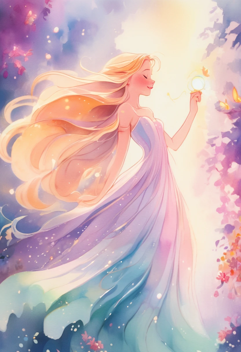 girl in flowing colorful ballgown, Fairy dress, long golden hair, Colorful watercolor background, inspired Written by Glen Keene, inspired Written by Lois Van Baarle, disney art style, Written by Lois Van Baarle, There&#39;s a glowing aura around her, Written by Glen Keene, Just Bartel, incandescent lamp! digital painting, flowing shining hair, shining flowing hair, beautiful digital illustration, Fantasia otherworldly landscape plants flowers, beautiful, masterpiece, highest quality, Anime Disney Style,Portrait