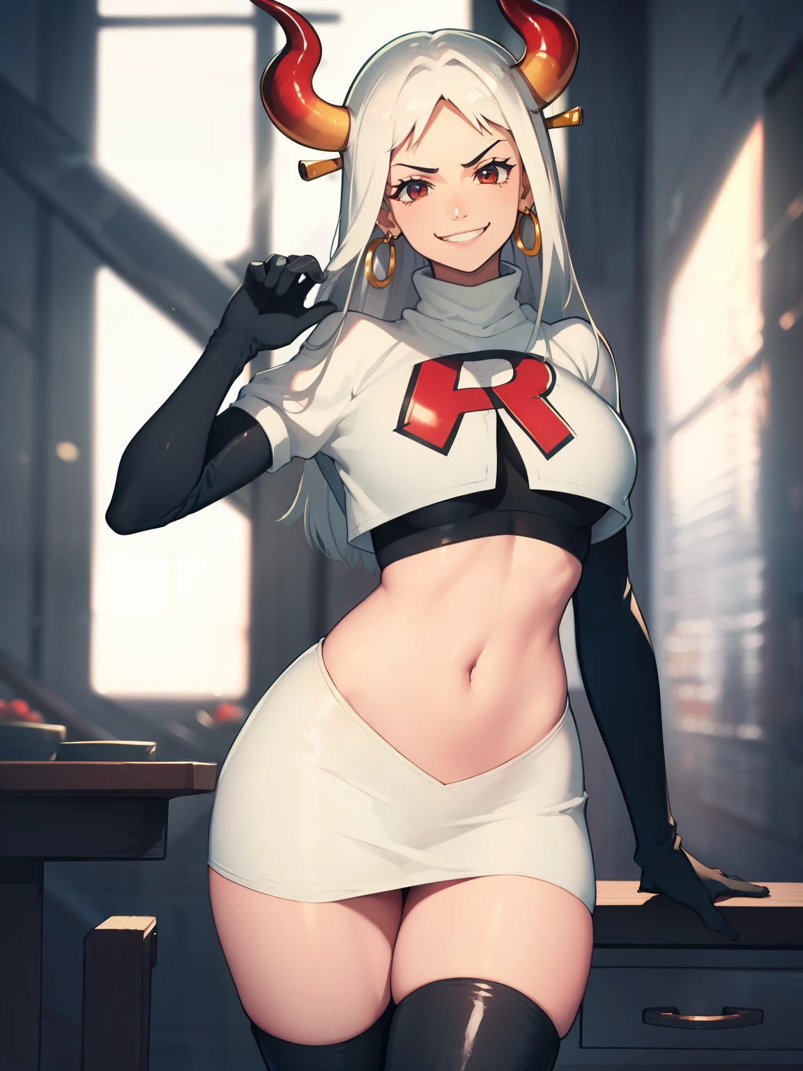 Yamato, horns ,earrings, glossy lips ,team rocket uniform, red letter R, white skirt,white crop top,black thigh-high boots, black elbow gloves, evil smile, sexy poses