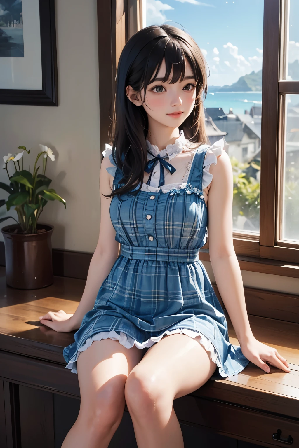 very cute and beautiful girl sitting near window,(blue plaid summer dress with detailed frills),sleeveless,detailed lace,spread legs,white panties, (highly detailed beautiful face and eyes:1.2),antique hotel bedroom with outside view,distant trees and ocean, cowboy shot,(smile:1.2),blush,medium hair,black hair, (best quality,masterpiece:1.2),absurdres,highres,ultra-detailed,extremely detailed,32k,8k resolution, intricate details,cinematic scene,detailed background,solo,dynamic angle, natural lighting,light particles,beautiful detailed sky,